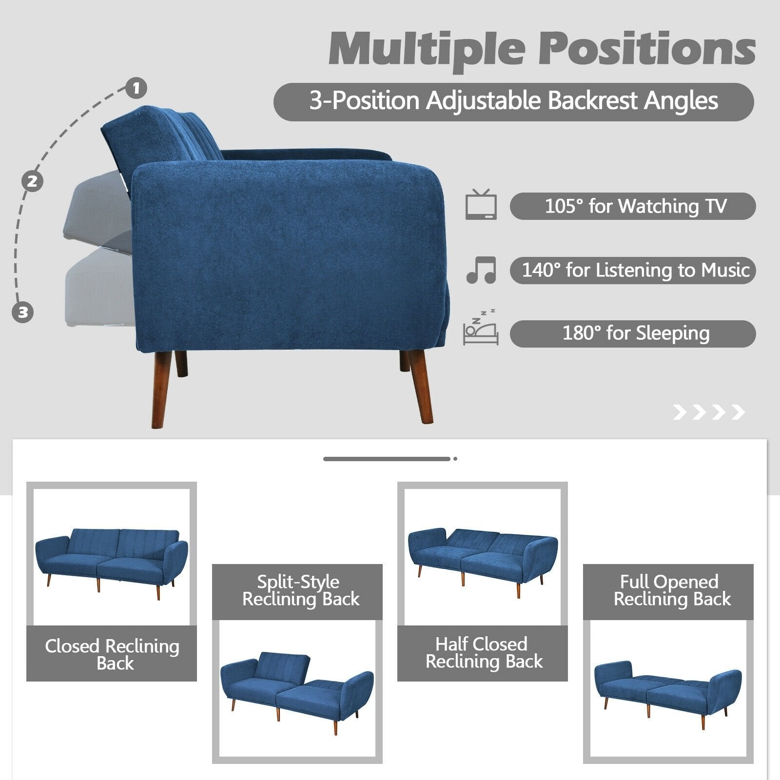 Convertible Futon Sofa Bed Adjustable Couch Sleeper with Wood Legs, Navy Sofas & Loveseats   at Gallery Canada