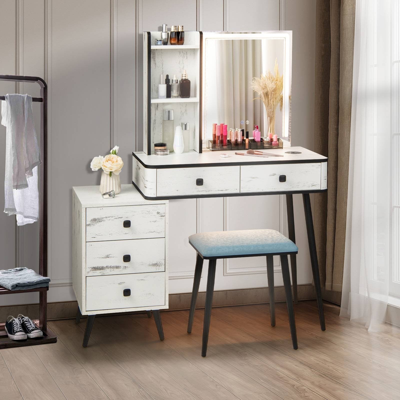 Vanity Makeup Table Set with Lighted Mirror, White Makeup Vanities   at Gallery Canada