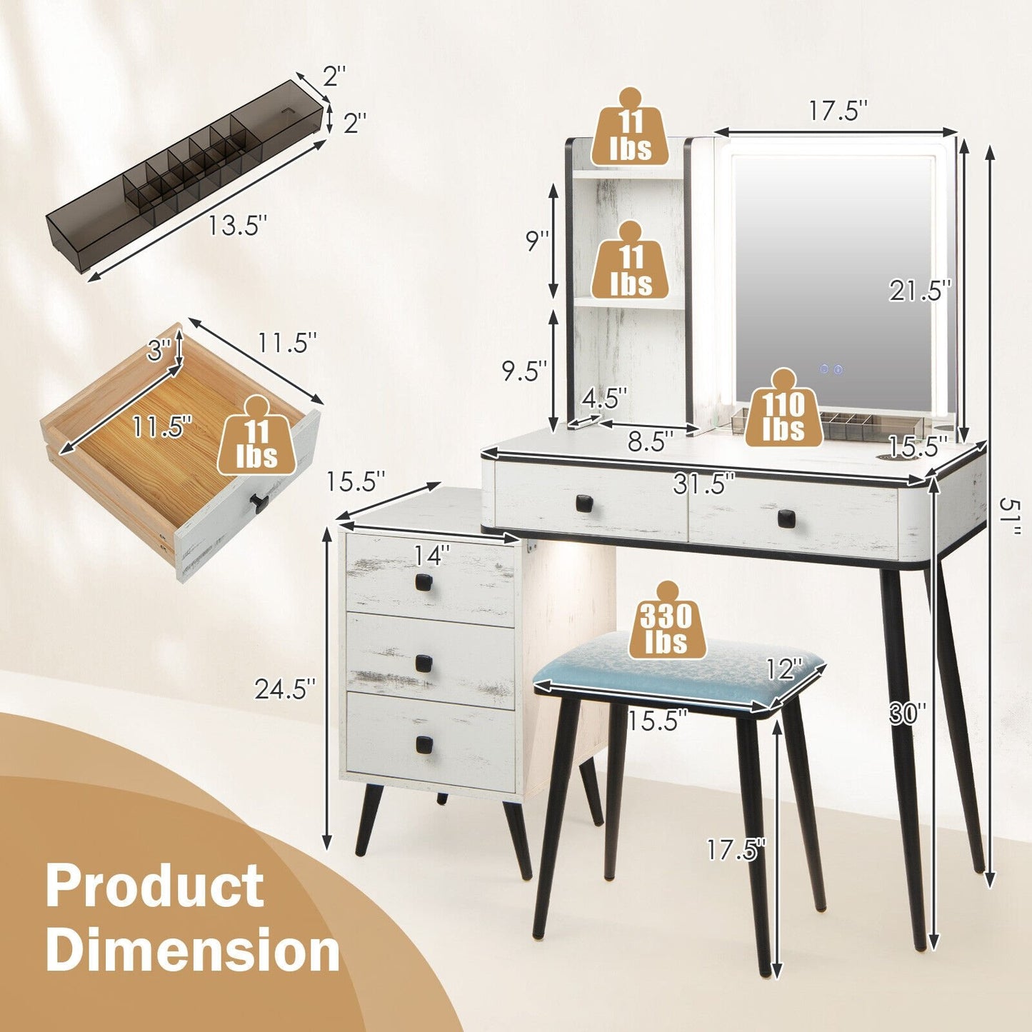 Vanity Makeup Table Set with Lighted Mirror, White Makeup Vanities   at Gallery Canada