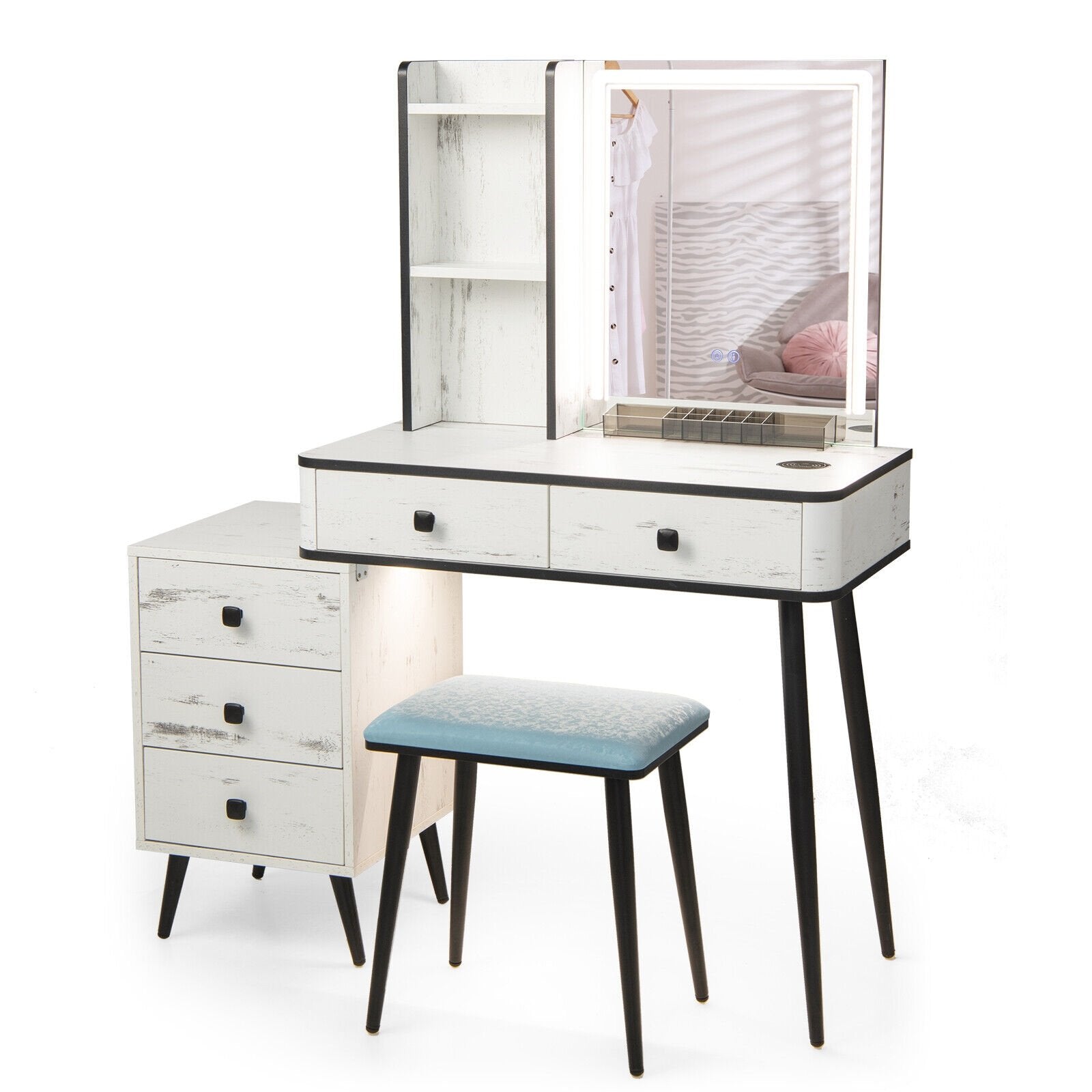 Vanity Makeup Table Set with Lighted Mirror, White Makeup Vanities   at Gallery Canada