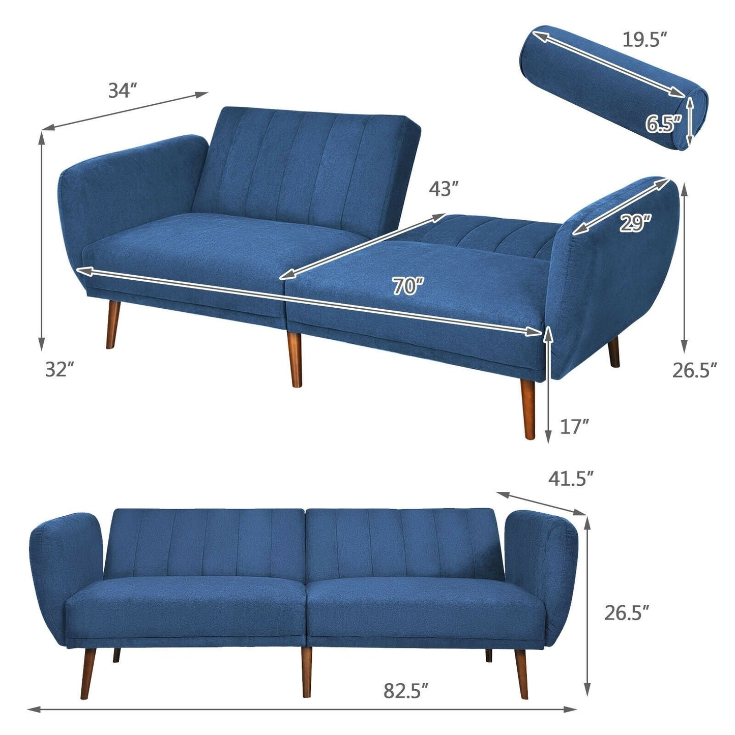 Convertible Futon Sofa Bed Adjustable Couch Sleeper with Wood Legs, Navy Sofas & Loveseats   at Gallery Canada