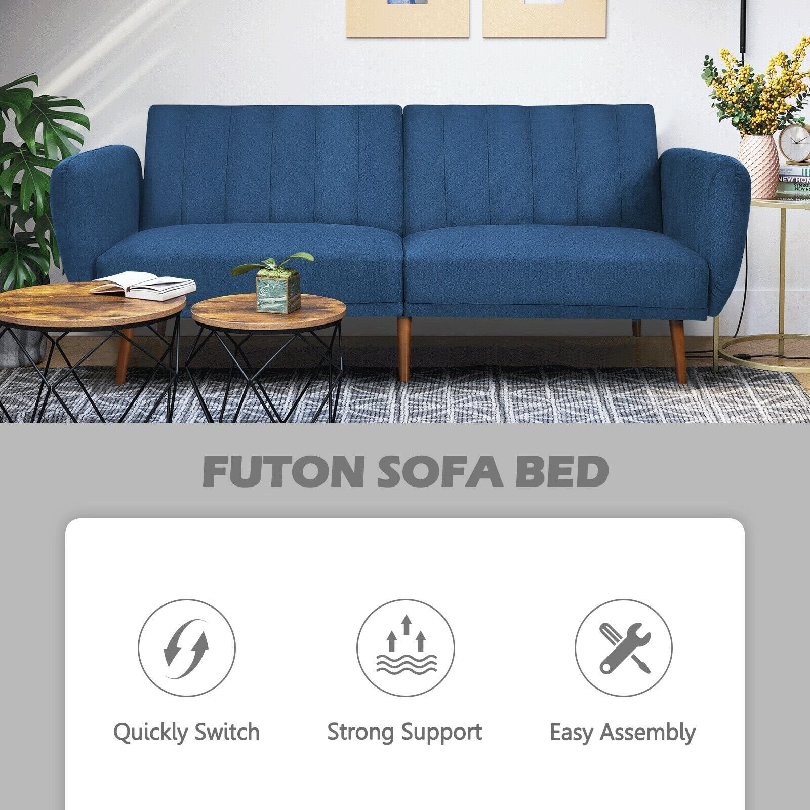 Convertible Futon Sofa Bed Adjustable Couch Sleeper with Wood Legs, Navy Sofas & Loveseats   at Gallery Canada