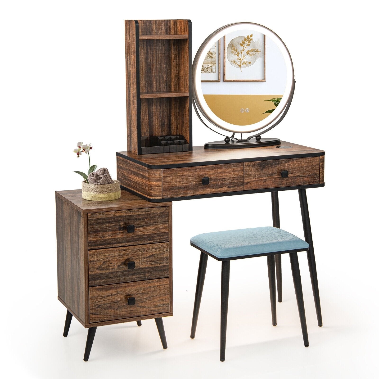 Vanity Table Set with 3-Color Lighted Mirror and Cushioned Stool, Rustic Brown Makeup Vanities   at Gallery Canada