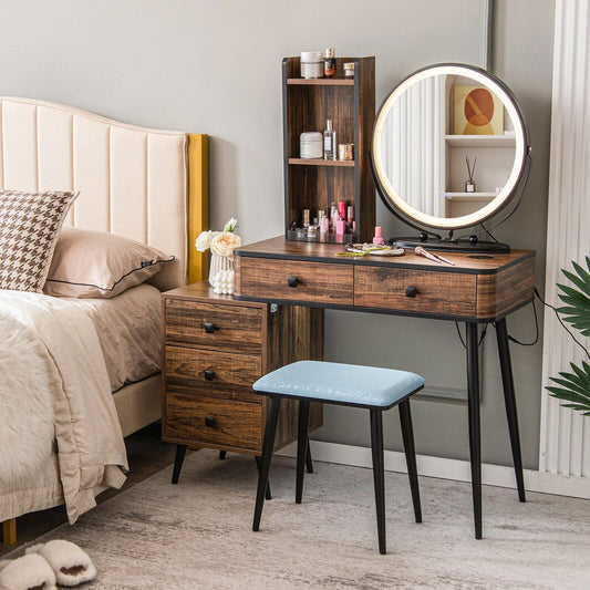 Vanity Table Set with 3-Color Lighted Mirror and Cushioned Stool, Rustic Brown Makeup Vanities   at Gallery Canada