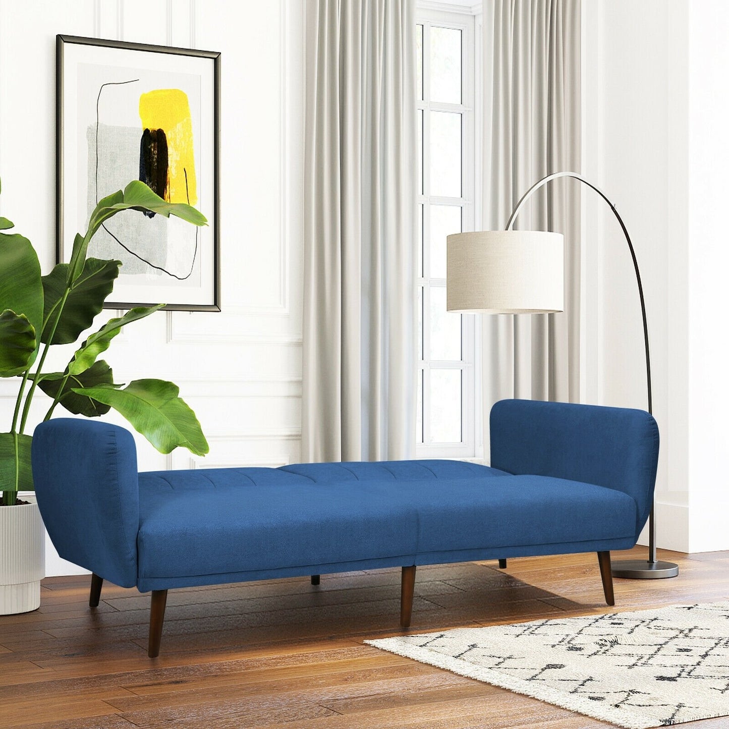 Convertible Futon Sofa Bed Adjustable Couch Sleeper with Wood Legs, Navy Sofas & Loveseats   at Gallery Canada