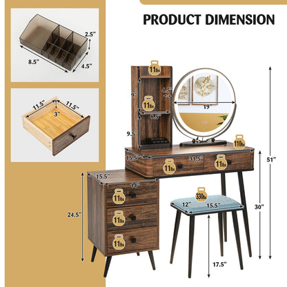 Vanity Table Set with 3-Color Lighted Mirror and Cushioned Stool, Rustic Brown Makeup Vanities   at Gallery Canada