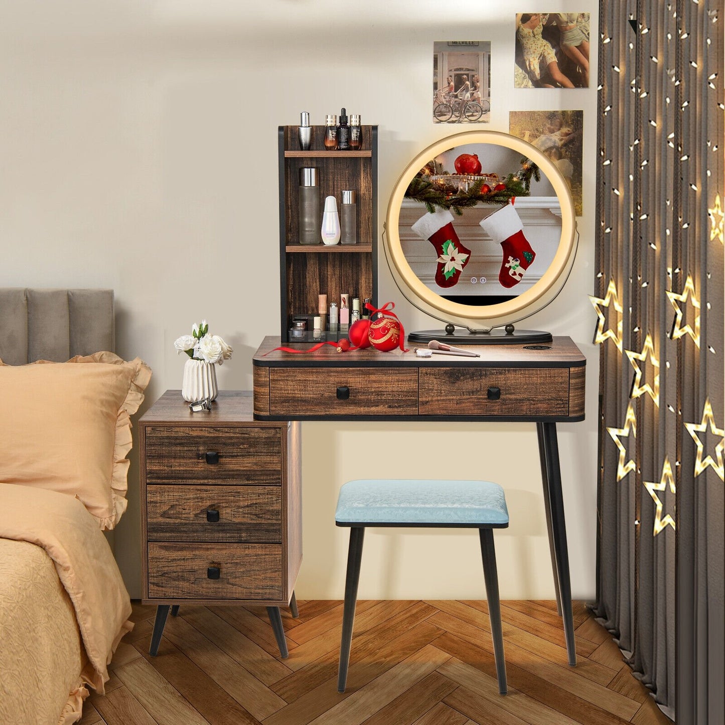 Vanity Table Set with 3-Color Lighted Mirror and Cushioned Stool, Rustic Brown Makeup Vanities   at Gallery Canada