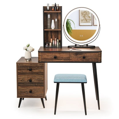 Vanity Table Set with 3-Color Lighted Mirror and Cushioned Stool, Rustic Brown Makeup Vanities   at Gallery Canada