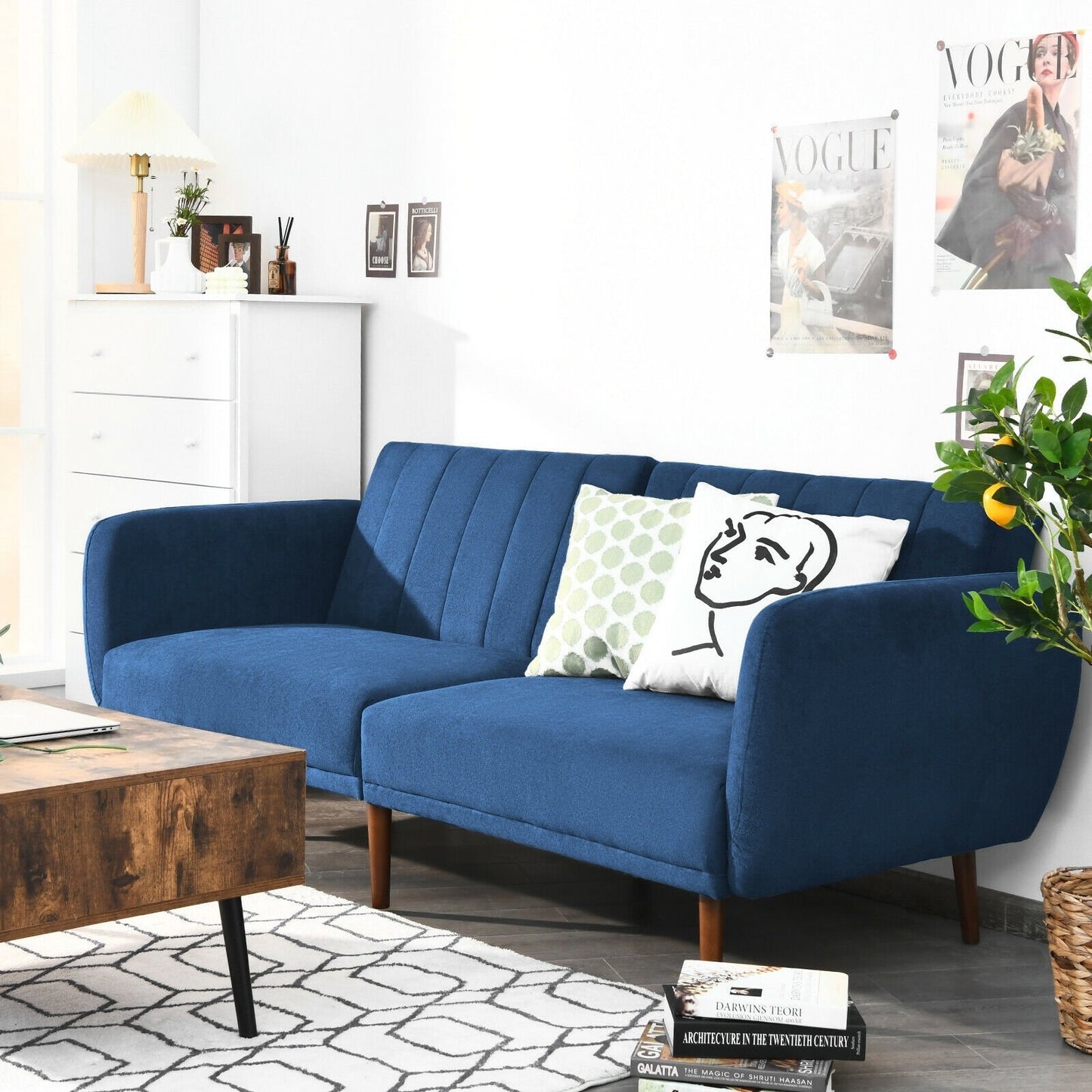 Convertible Futon Sofa Bed Adjustable Couch Sleeper with Wood Legs, Navy Sofas & Loveseats   at Gallery Canada