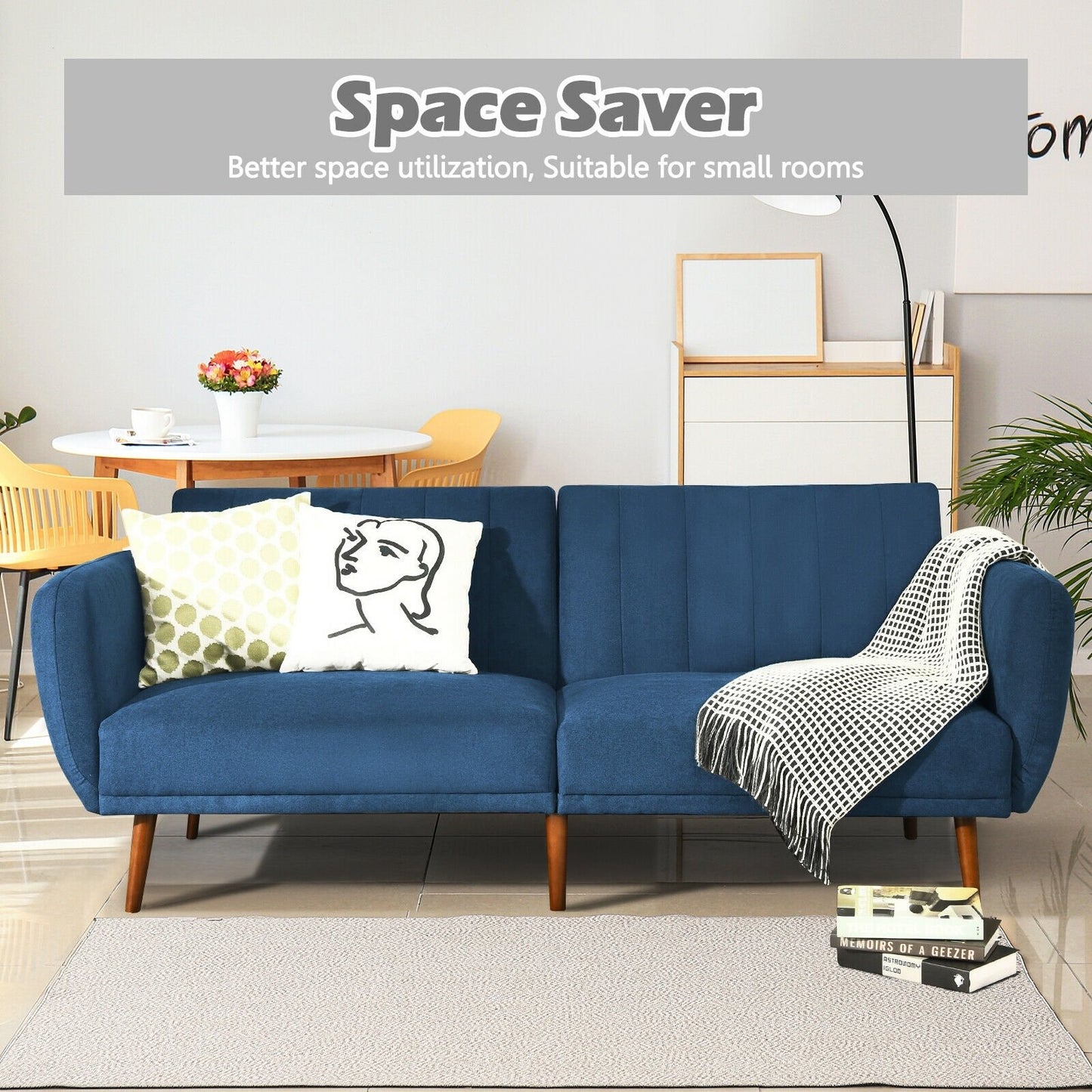 Convertible Futon Sofa Bed Adjustable Couch Sleeper with Wood Legs, Navy Sofas & Loveseats   at Gallery Canada