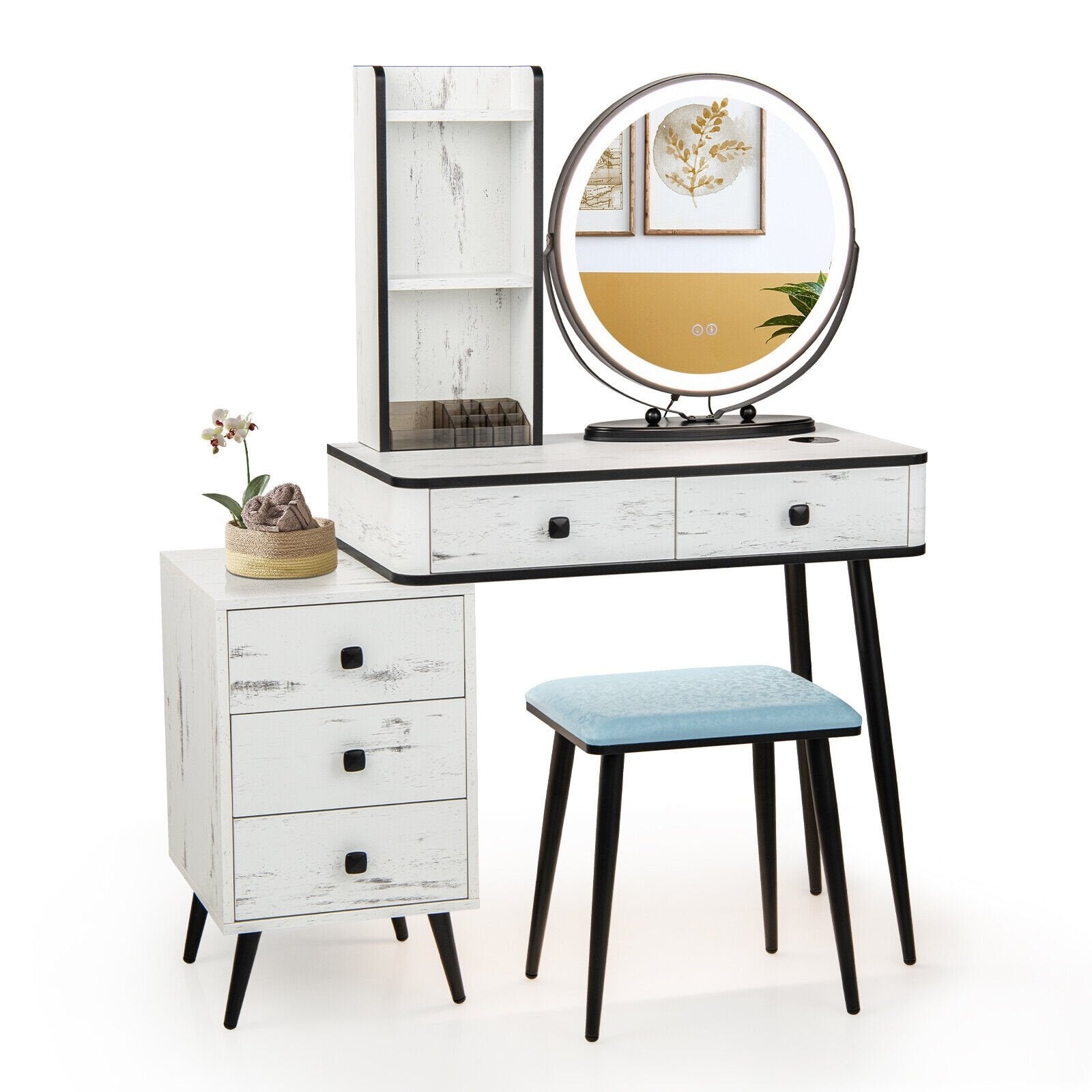 Vanity Table Set with 3-Color Lighted Mirror and Cushioned Stool, White Makeup Vanities   at Gallery Canada