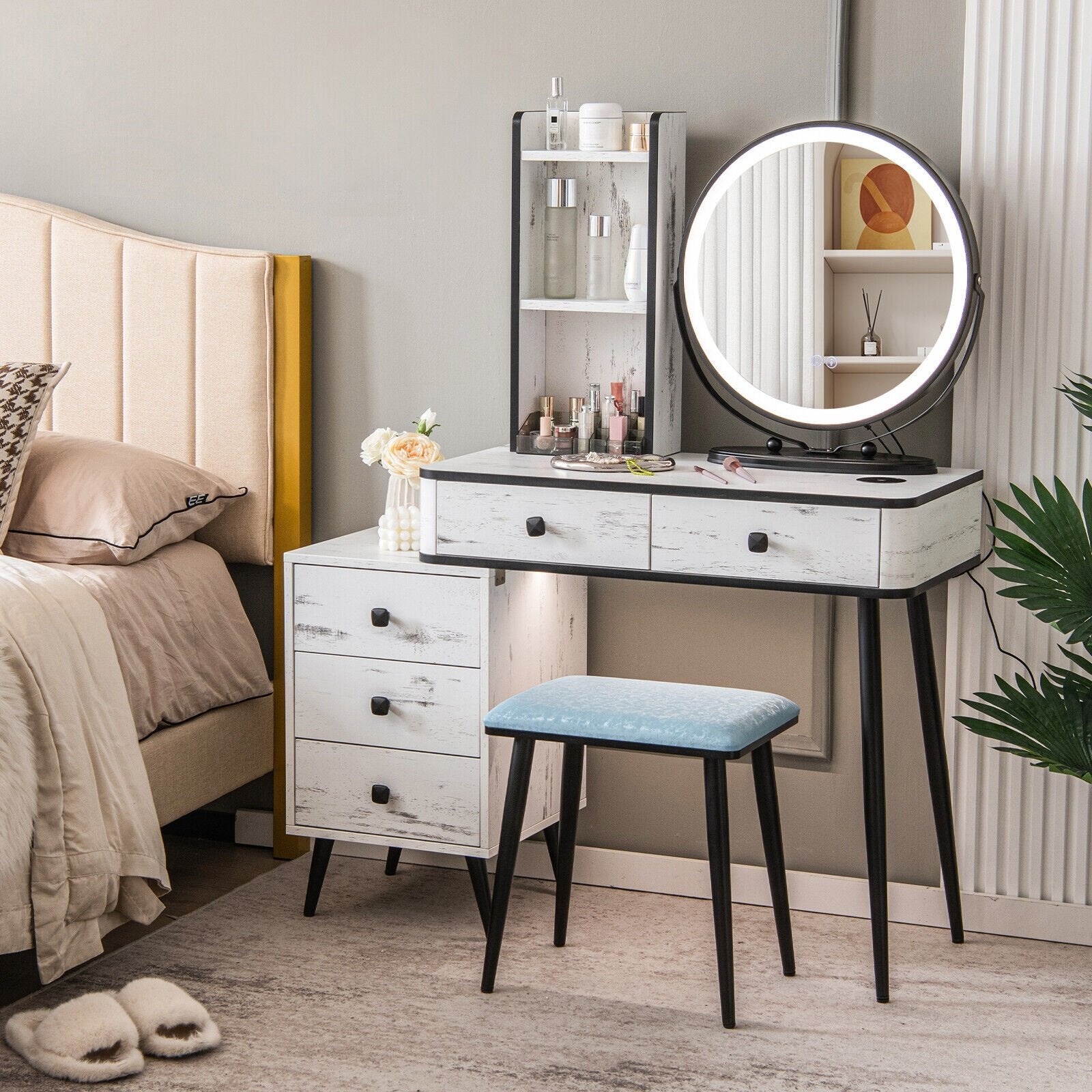 Vanity Table Set with 3-Color Lighted Mirror and Cushioned Stool, White Makeup Vanities   at Gallery Canada