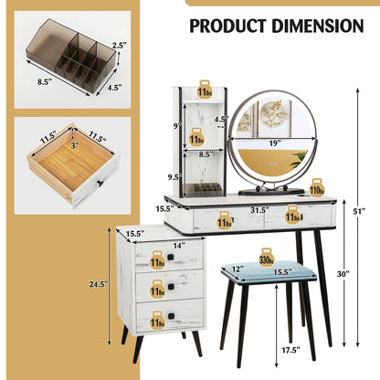 Vanity Table Set with 3-Color Lighted Mirror and Cushioned Stool, White Makeup Vanities   at Gallery Canada