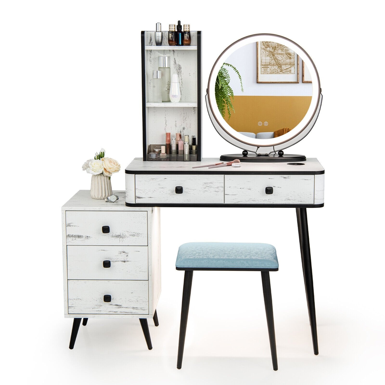 Vanity Table Set with 3-Color Lighted Mirror and Cushioned Stool, White Makeup Vanities   at Gallery Canada