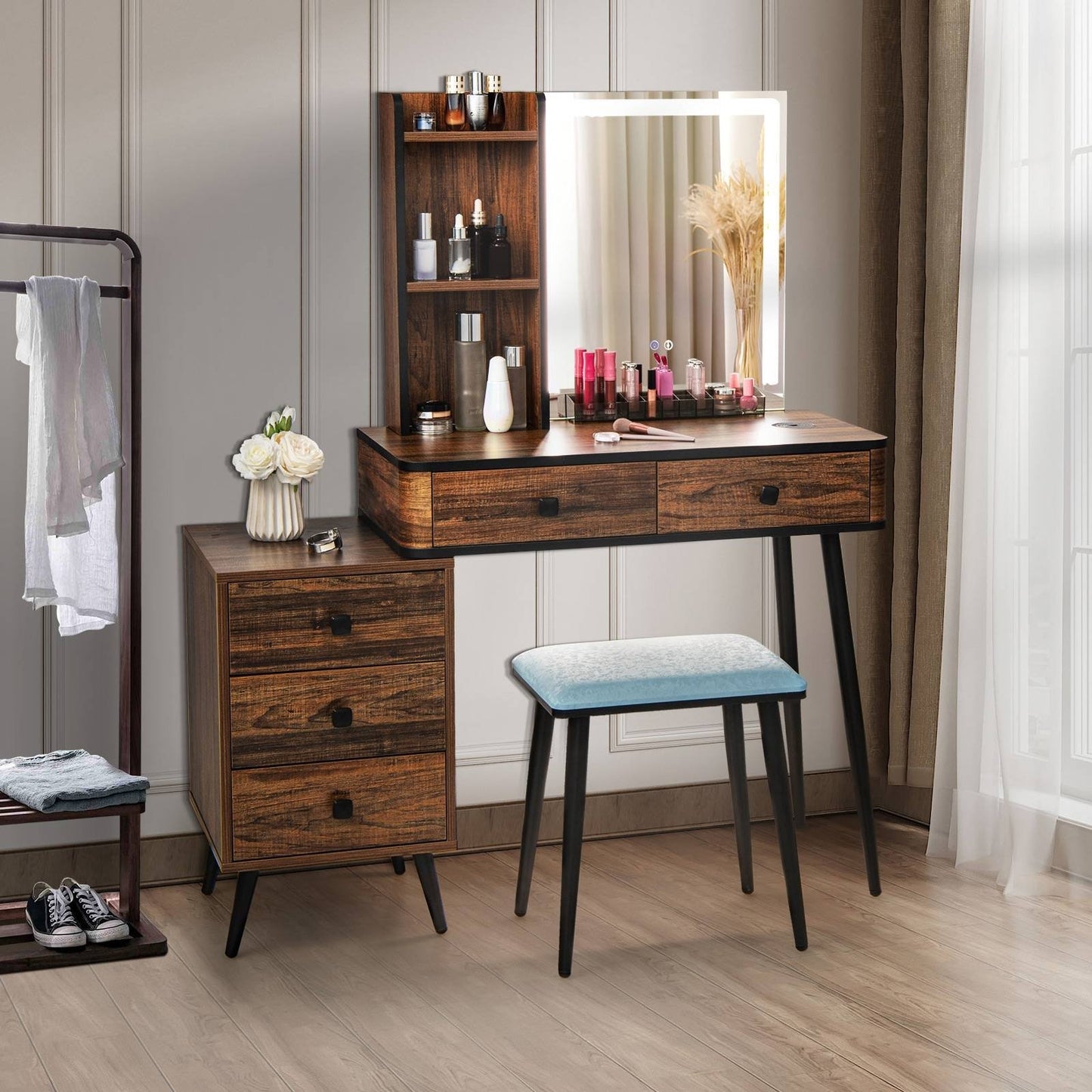 Vanity Makeup Table Set with Lighted Mirror, Brown Makeup Vanities   at Gallery Canada