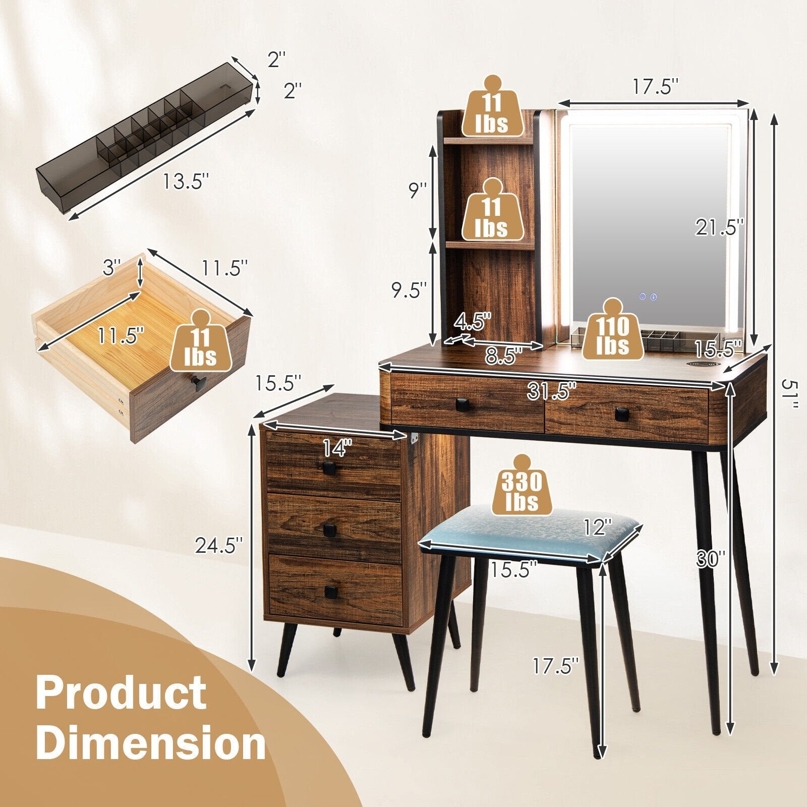 Vanity Makeup Table Set with Lighted Mirror, Brown Makeup Vanities   at Gallery Canada