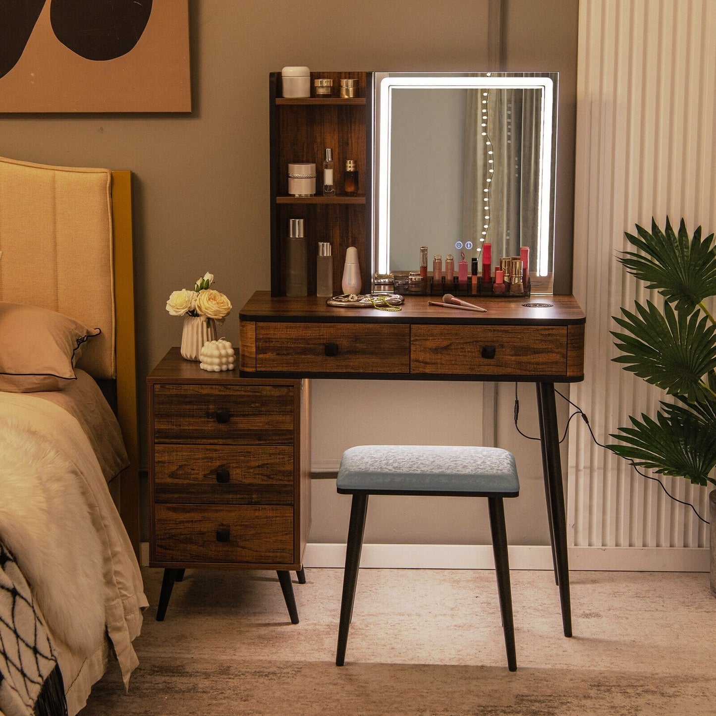 Vanity Makeup Table Set with Lighted Mirror, Brown Makeup Vanities   at Gallery Canada