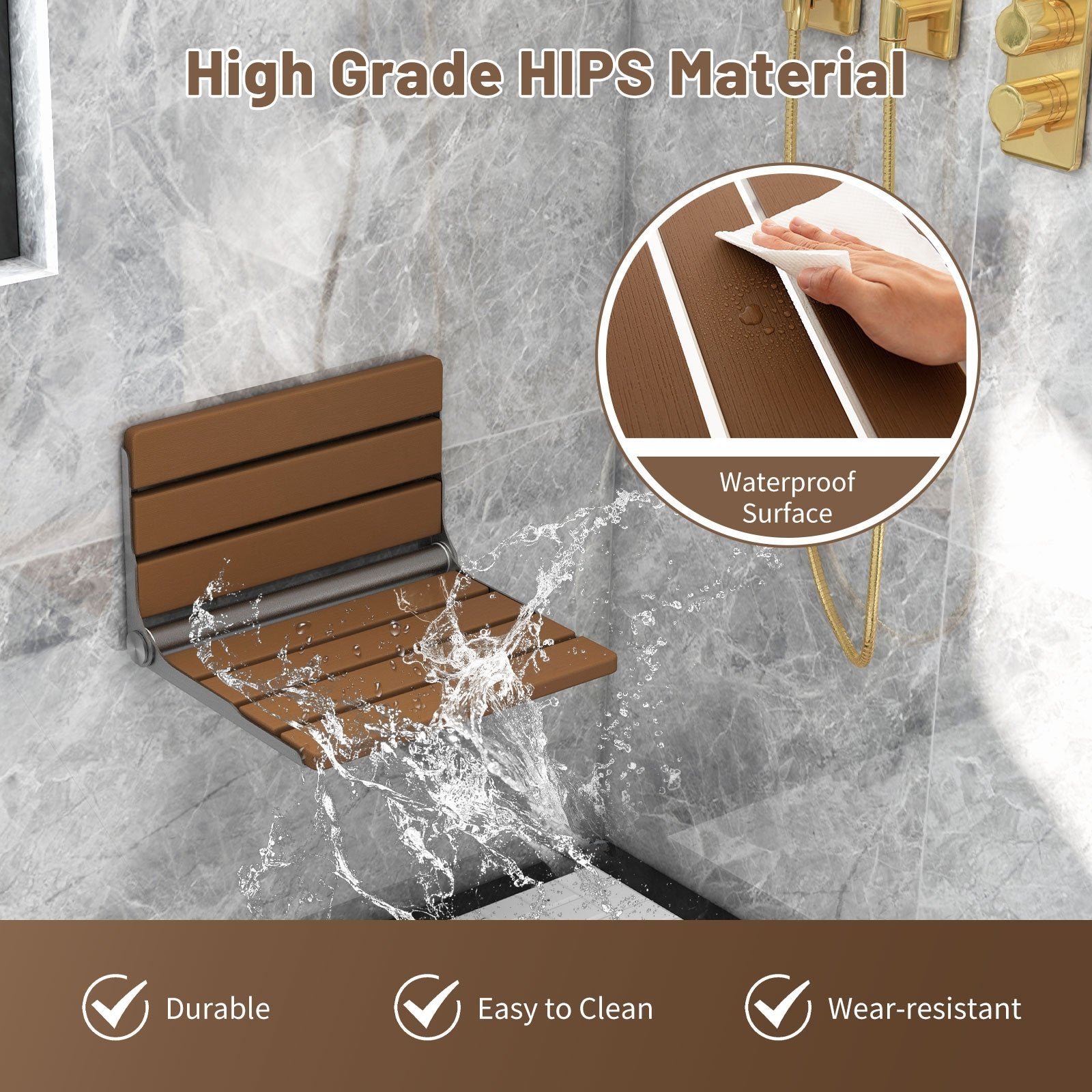 Wall-Mounted Foldable Waterproof HIPS Bathroom Bench, Brown Bath Safety   at Gallery Canada
