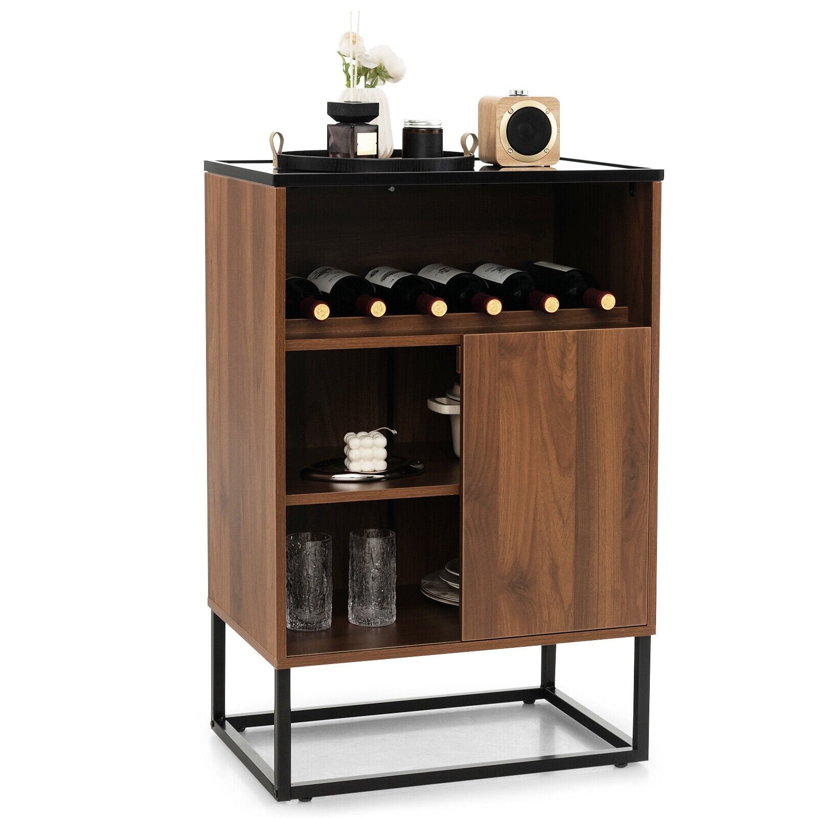 Wine Storage Cabinet Buffet Sideboard with Adjustable Shelf and Sliding Door, Brown Sideboards Cabinets & Buffets   at Gallery Canada