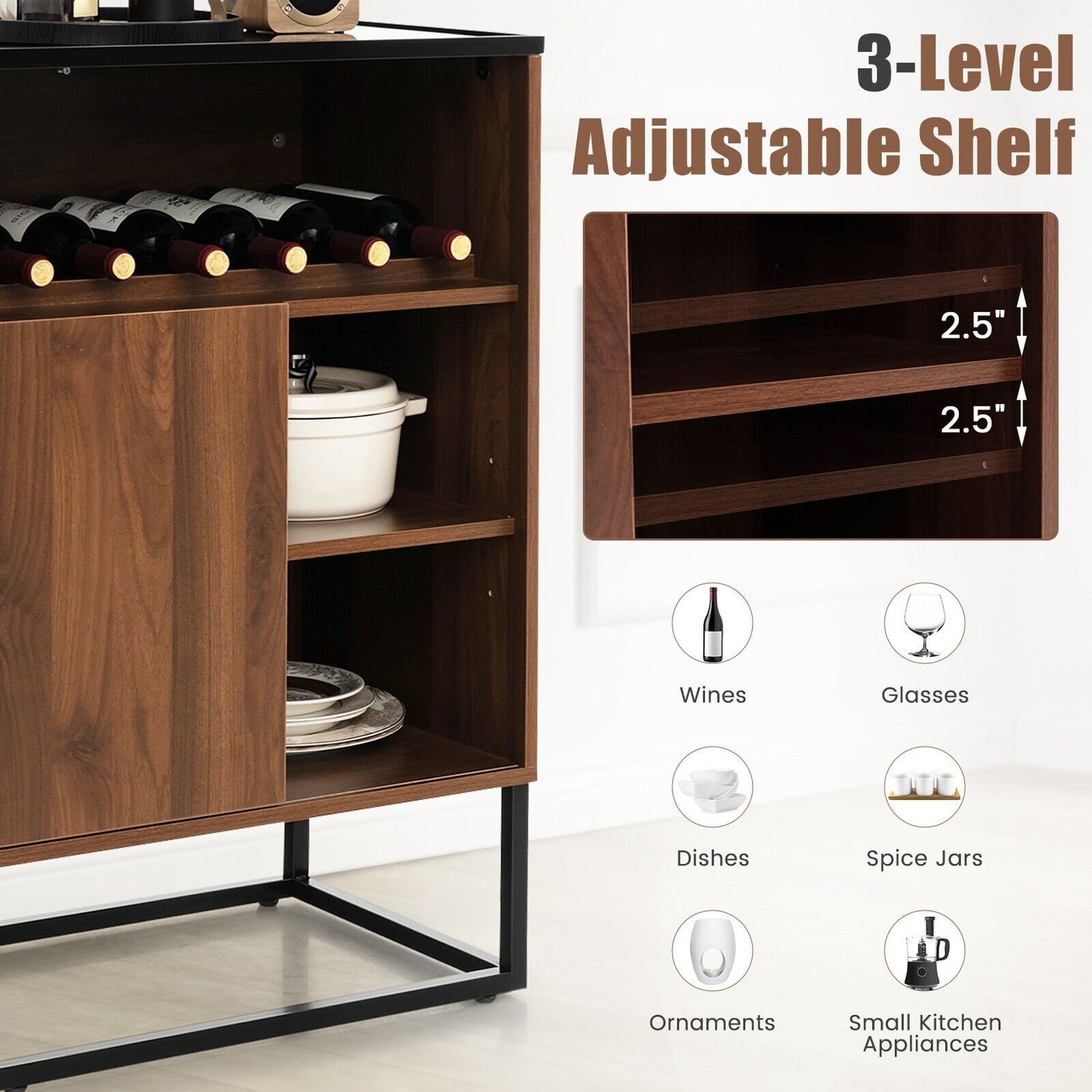 Wine Storage Cabinet Buffet Sideboard with Adjustable Shelf and Sliding Door, Brown Sideboards Cabinets & Buffets   at Gallery Canada