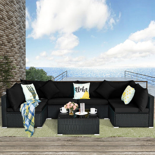 7 Pieces Sectional Wicker Furniture Sofa Set with Tempered Glass Top, Black & White Outdoor Sectionals Black & White  at Gallery Canada