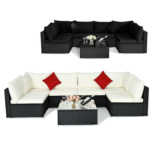 7 Pieces Sectional Wicker Furniture Sofa Set with Tempered Glass Top, Black & White Outdoor Sectionals Black & White  at Gallery Canada