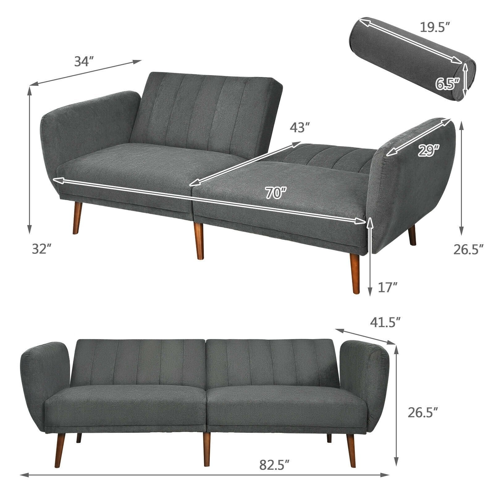 Convertible Futon Sofa Bed Adjustable Couch Sleeper with Wood Legs, Gray Sofas & Loveseats   at Gallery Canada