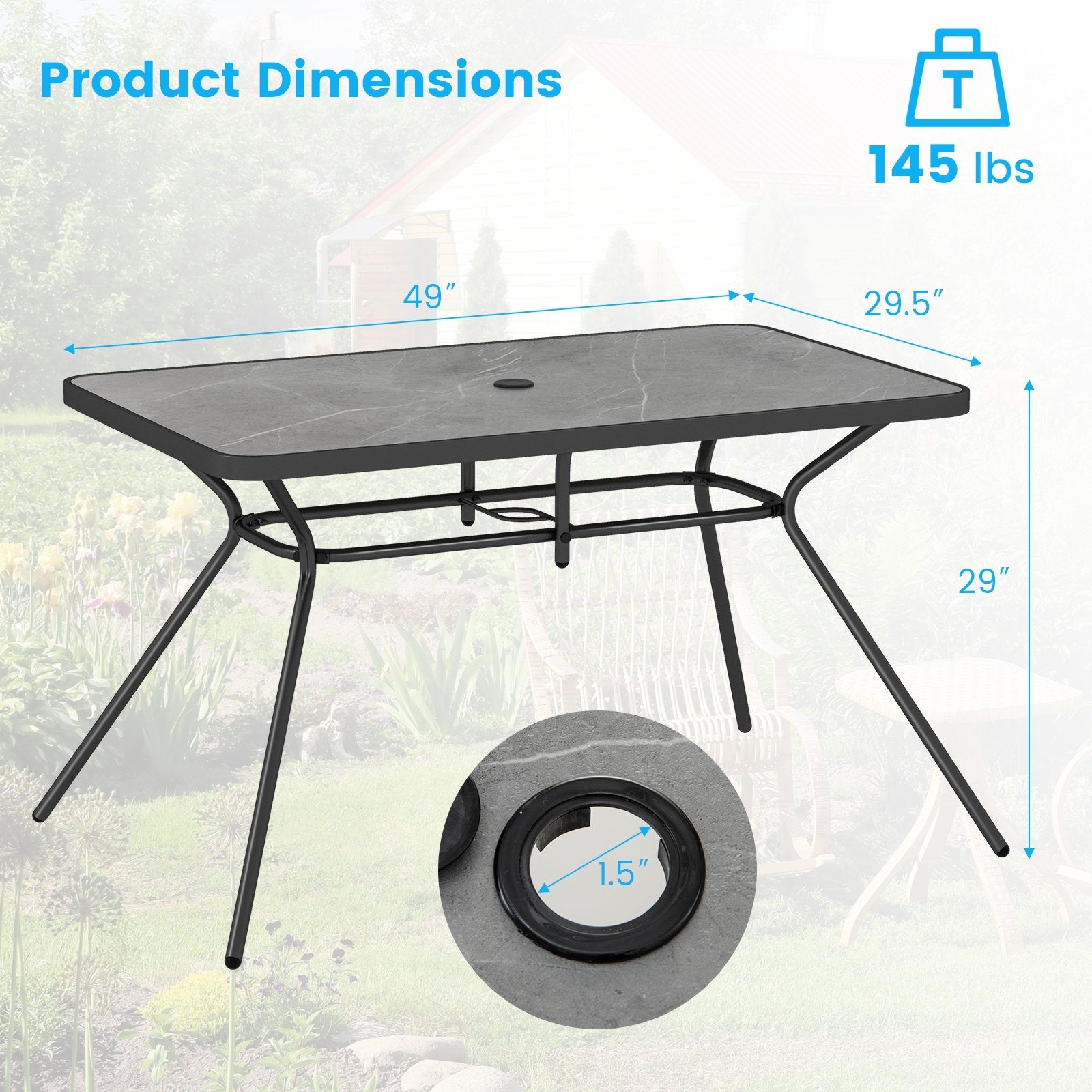 49 Inch Patio Rectangle Dining Table with Umbrella Hole, Black & Gray Patio Dining Tables   at Gallery Canada