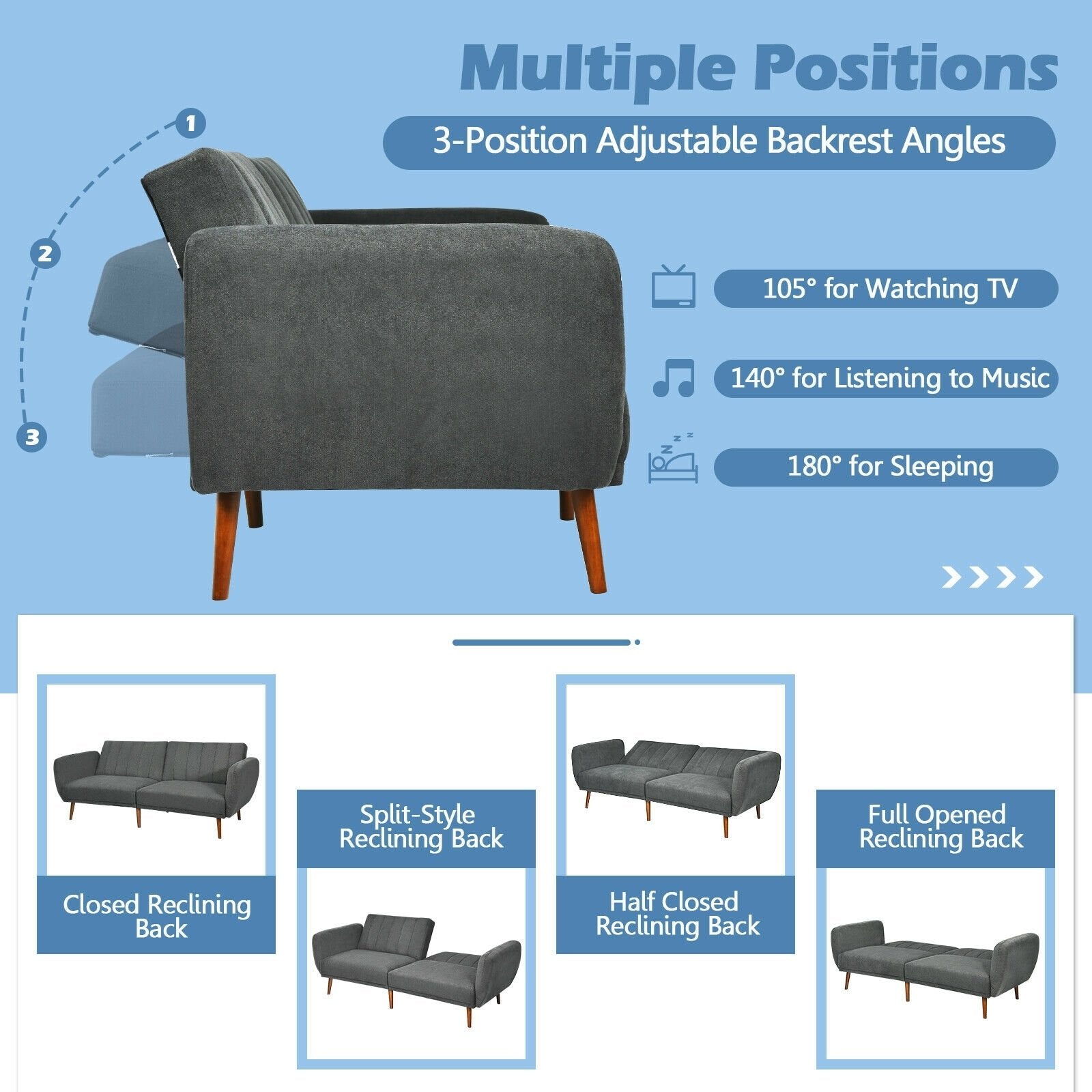 Convertible Futon Sofa Bed Adjustable Couch Sleeper with Wood Legs, Gray Sofas & Loveseats   at Gallery Canada