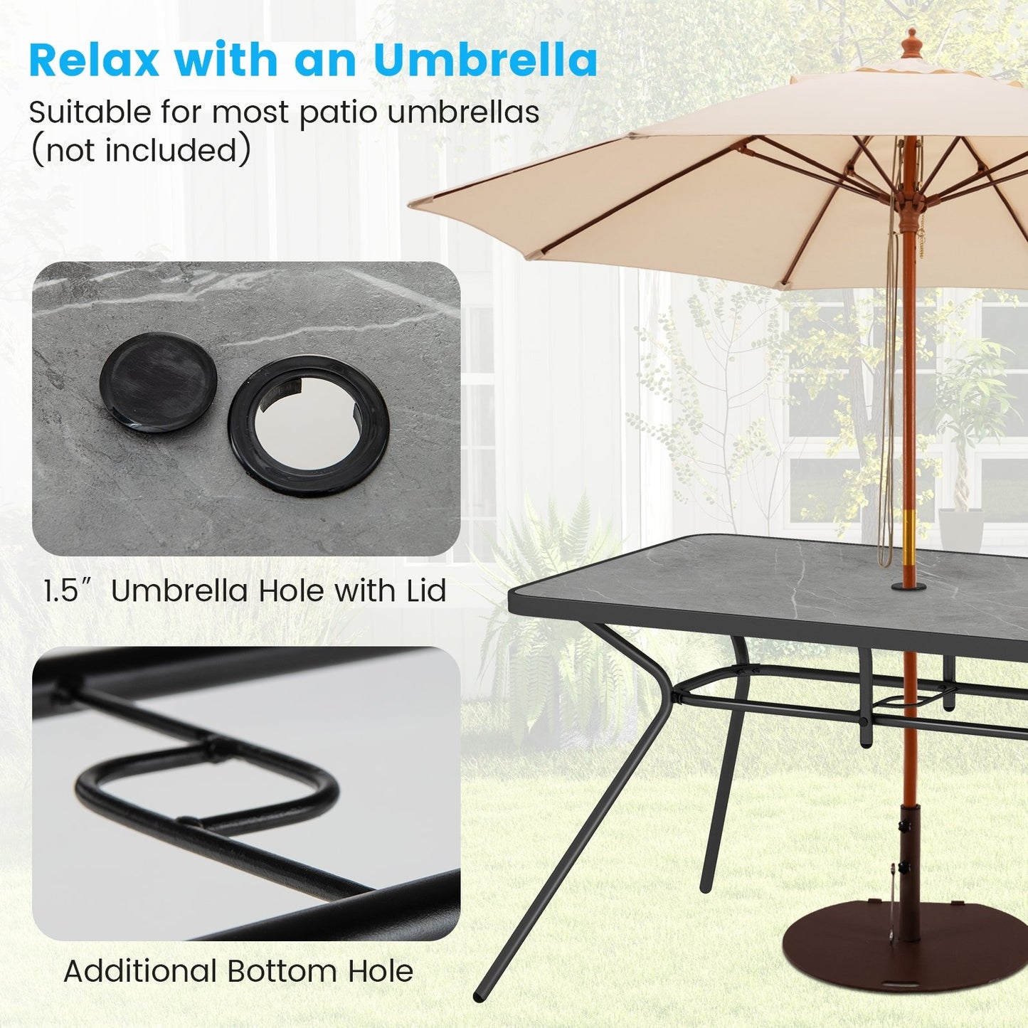 49 Inch Patio Rectangle Dining Table with Umbrella Hole, Black & Gray Patio Dining Tables   at Gallery Canada