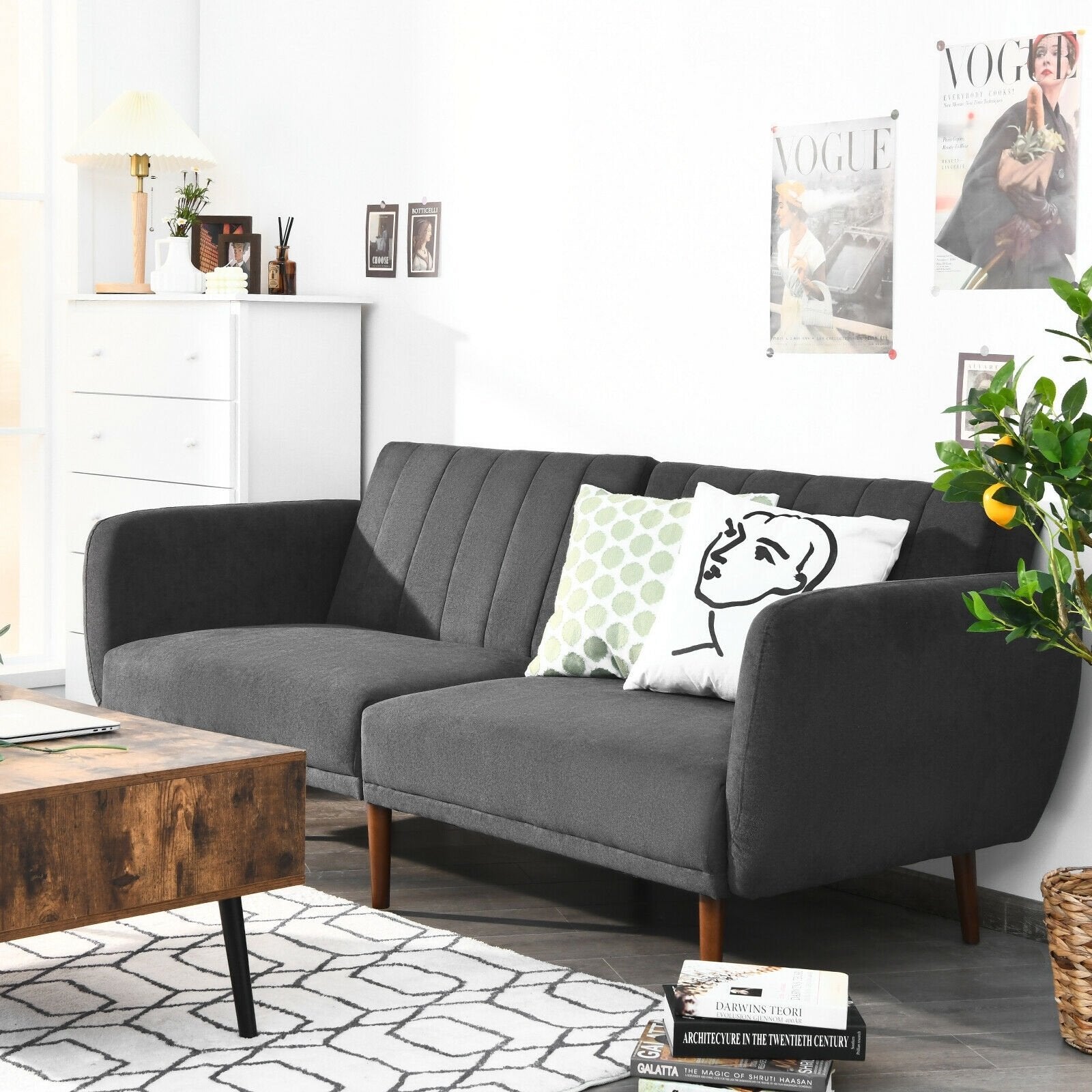 Convertible Futon Sofa Bed Adjustable Couch Sleeper with Wood Legs, Gray Sofas & Loveseats   at Gallery Canada