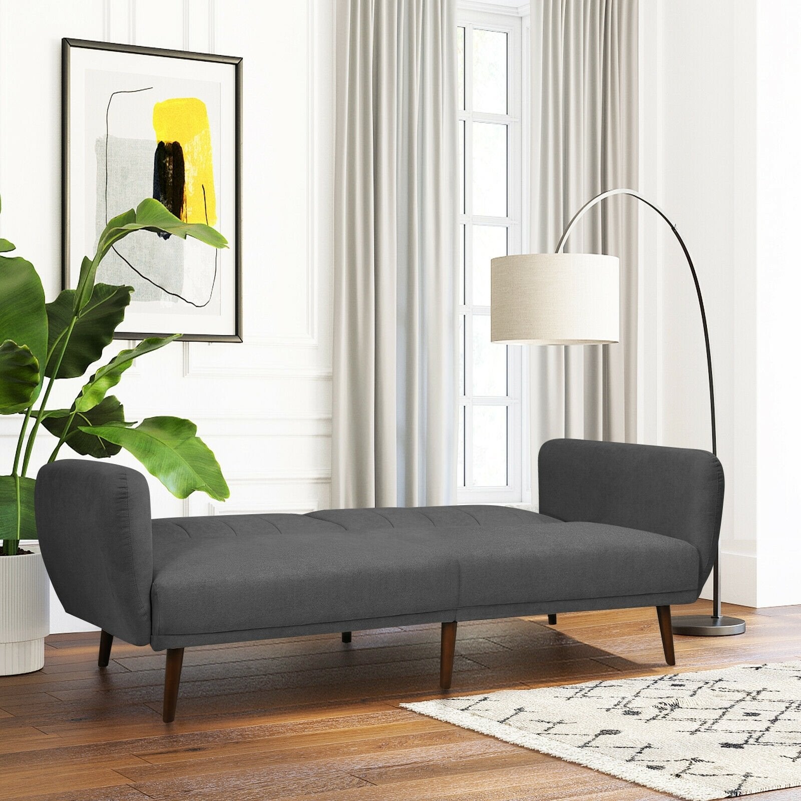 Convertible Futon Sofa Bed Adjustable Couch Sleeper with Wood Legs, Gray Sofas & Loveseats   at Gallery Canada