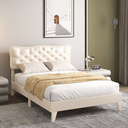 Full Size Bed Frame with Nail Headboard and Wooden Slats, Beige Simple Bed Frame   at Gallery Canada