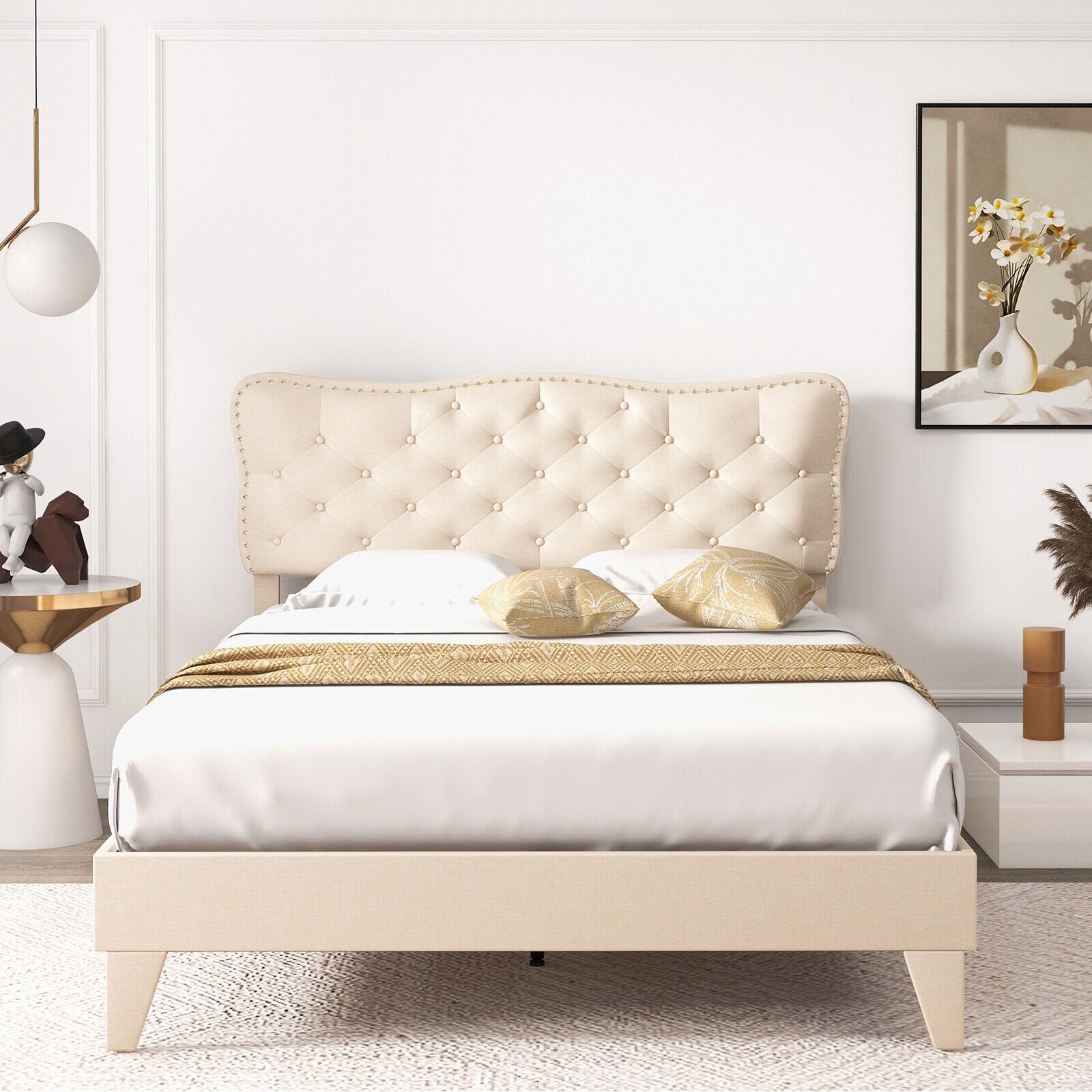 Full Size Bed Frame with Nail Headboard and Wooden Slats, Beige Simple Bed Frame   at Gallery Canada