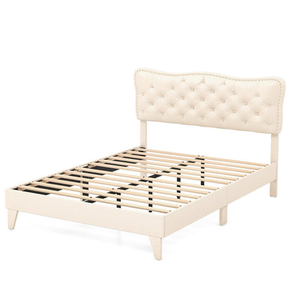 Full Size Bed Frame with Nail Headboard and Wooden Slats, Beige Simple Bed Frame   at Gallery Canada