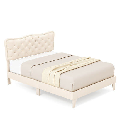 Full Size Bed Frame with Nail Headboard and Wooden Slats, Beige Simple Bed Frame   at Gallery Canada