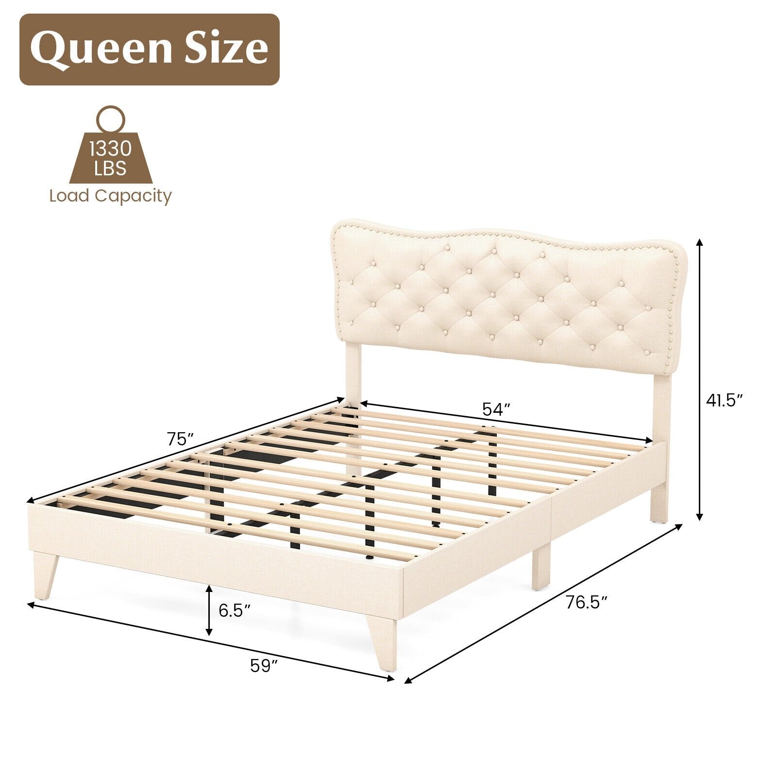 Full Size Bed Frame with Nail Headboard and Wooden Slats, Beige Simple Bed Frame   at Gallery Canada