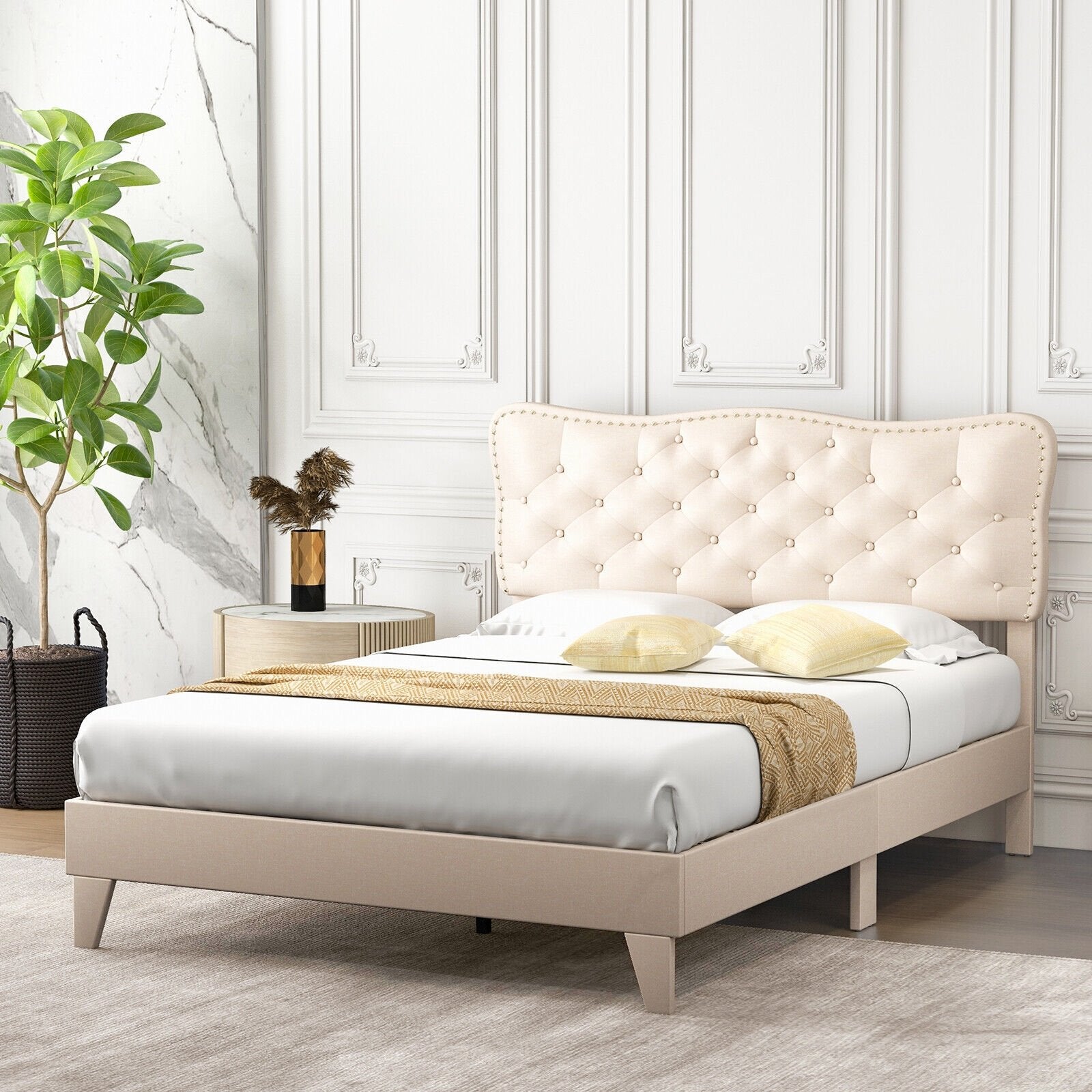 Full Size Bed Frame with Nail Headboard and Wooden Slats, Beige Simple Bed Frame   at Gallery Canada