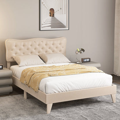 Full/Queen Size Bed Frame with Nail Headboard and Wooden Slats-Queen Size, Beige Simple Bed Frame   at Gallery Canada