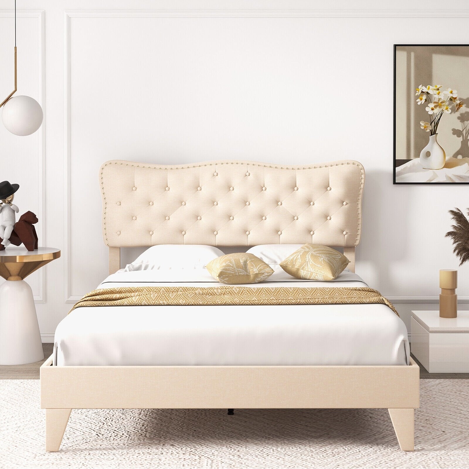 Full/Queen Size Bed Frame with Nail Headboard and Wooden Slats-Queen Size, Beige Simple Bed Frame   at Gallery Canada