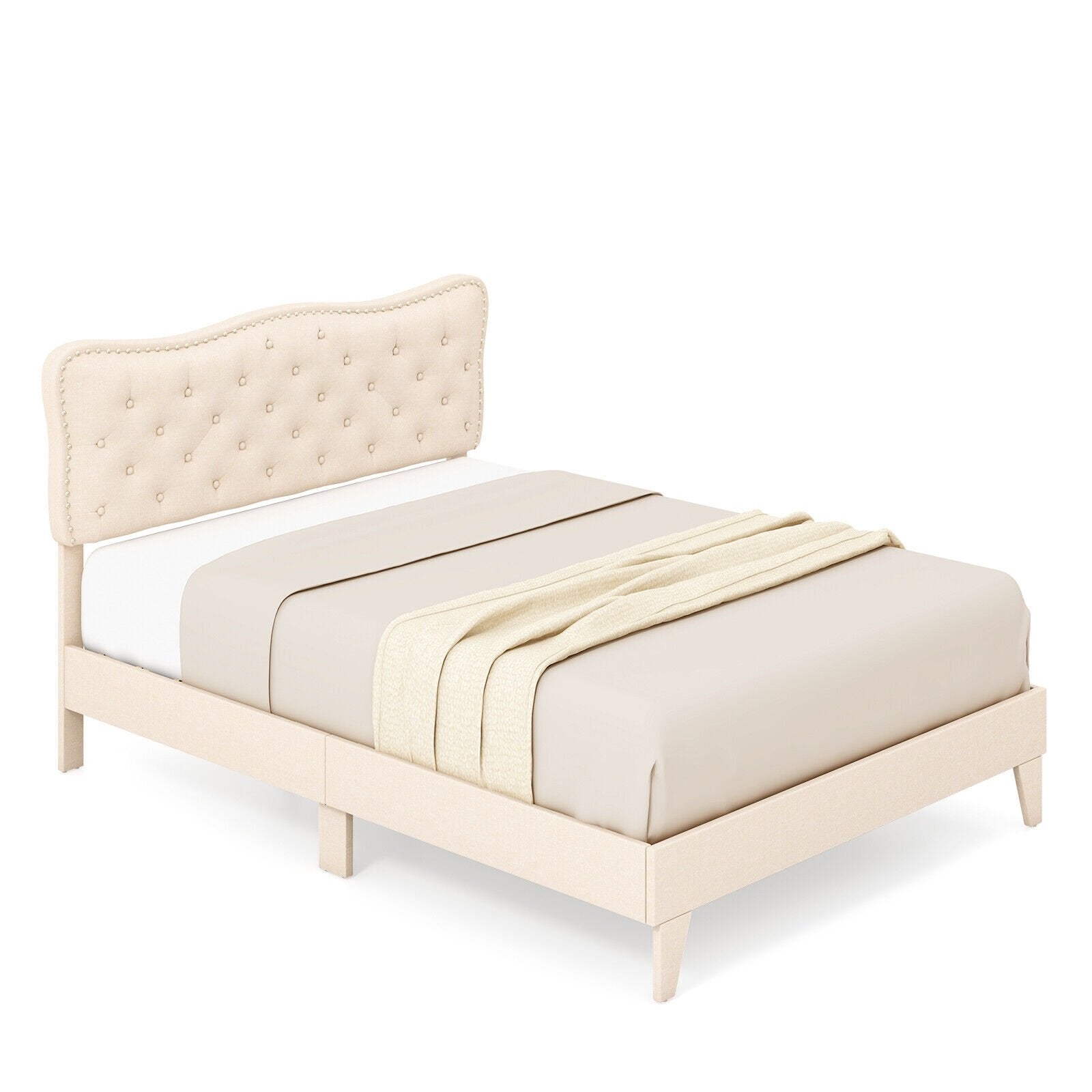 Full/Queen Size Bed Frame with Nail Headboard and Wooden Slats-Queen Size, Beige Simple Bed Frame   at Gallery Canada