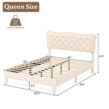 Full/Queen Size Bed Frame with Nail Headboard and Wooden Slats-Queen Size, Beige Simple Bed Frame   at Gallery Canada