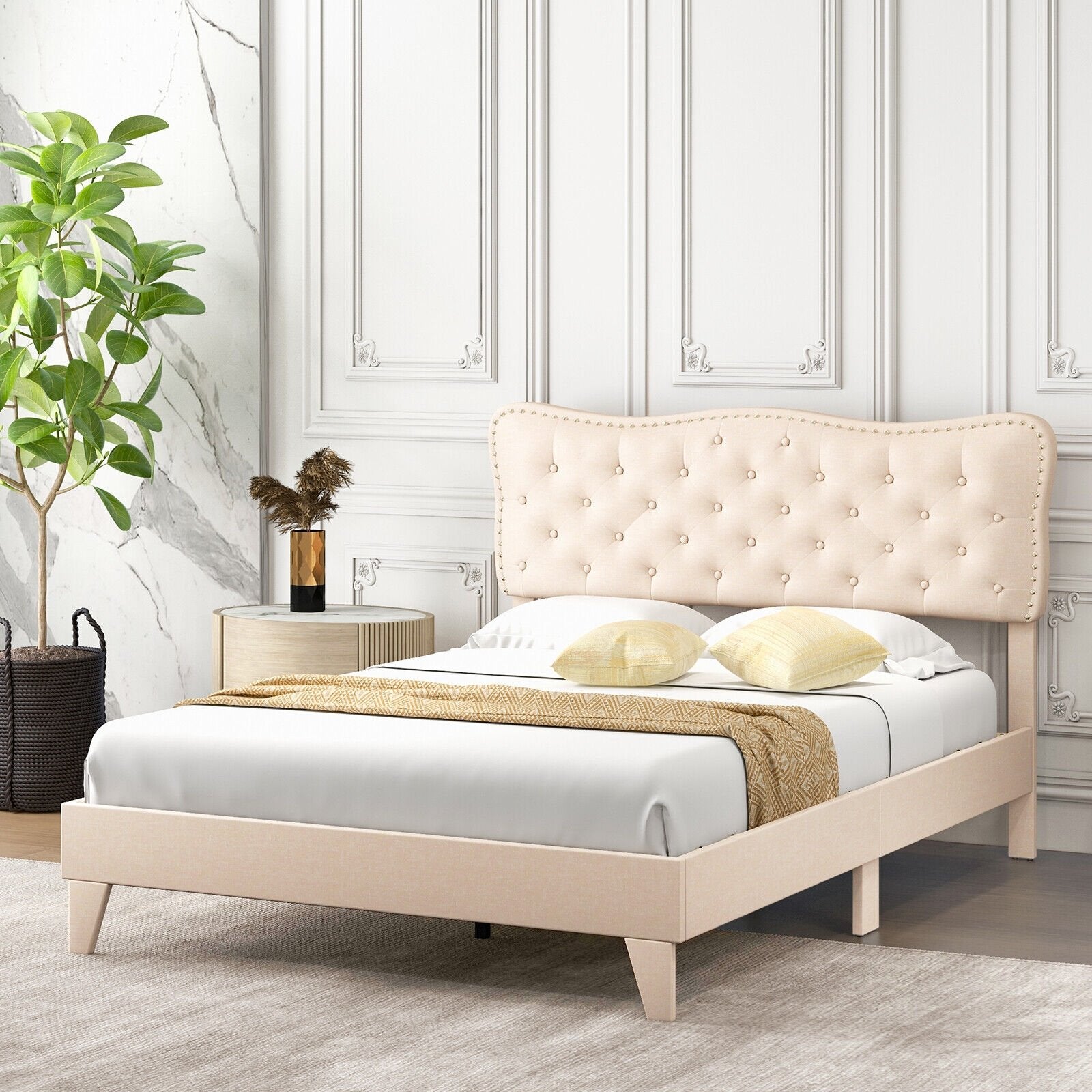 Full/Queen Size Bed Frame with Nail Headboard and Wooden Slats-Queen Size, Beige Simple Bed Frame   at Gallery Canada