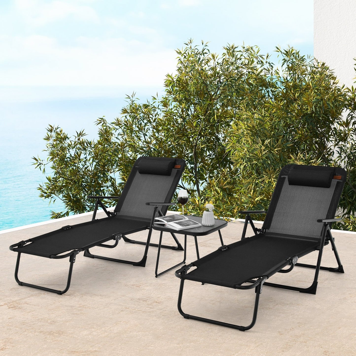 3 Pieces Patio Folding Chaise Lounge Set with PVC Tabletop, Black Patio Conversation Sets   at Gallery Canada