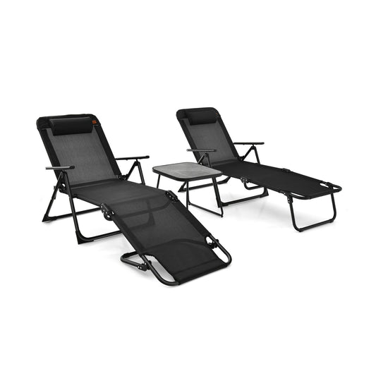 3 Pieces Patio Folding Chaise Lounge Set with PVC Tabletop, Black Patio Conversation Sets   at Gallery Canada