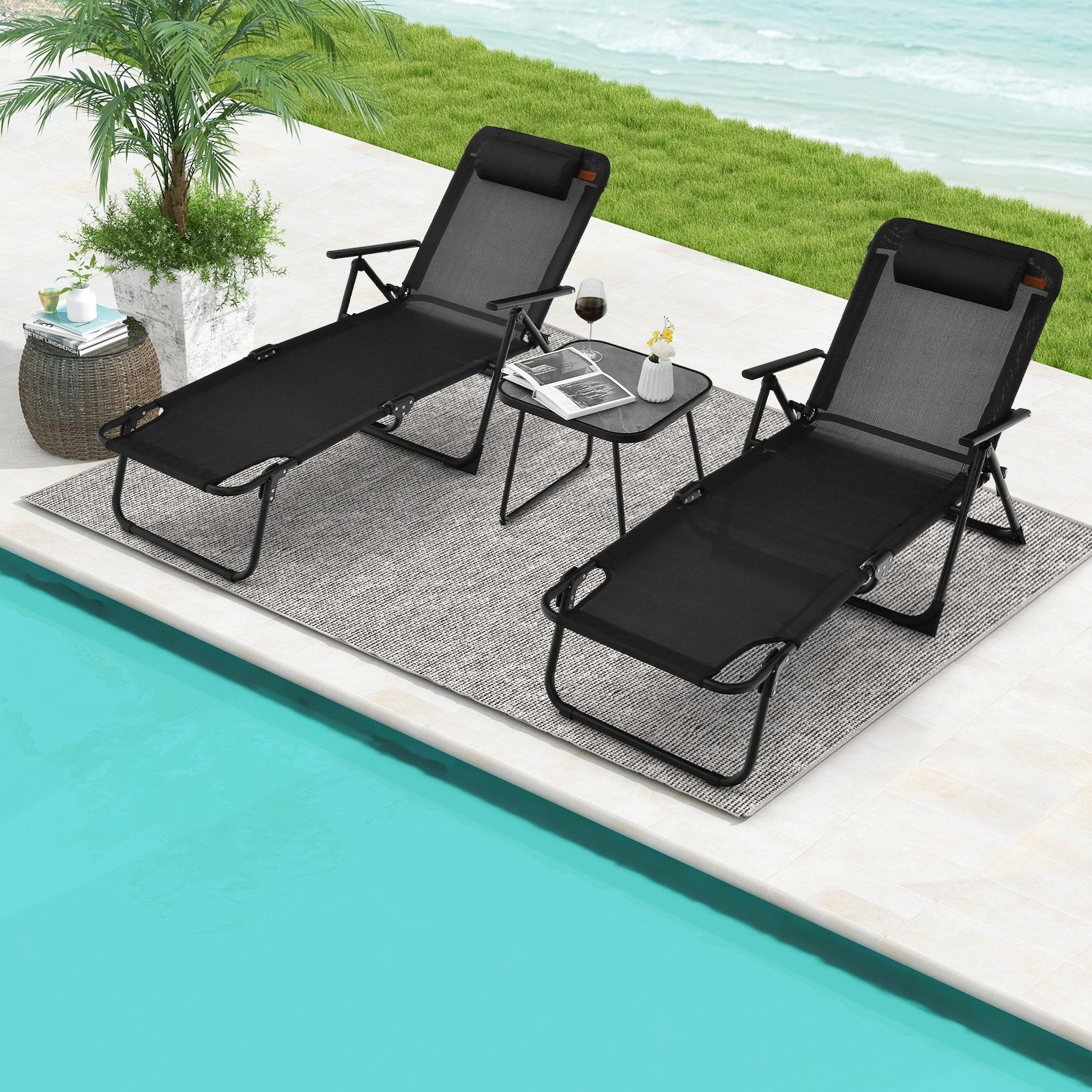 3 Pieces Patio Folding Chaise Lounge Set with PVC Tabletop, Black Patio Conversation Sets   at Gallery Canada