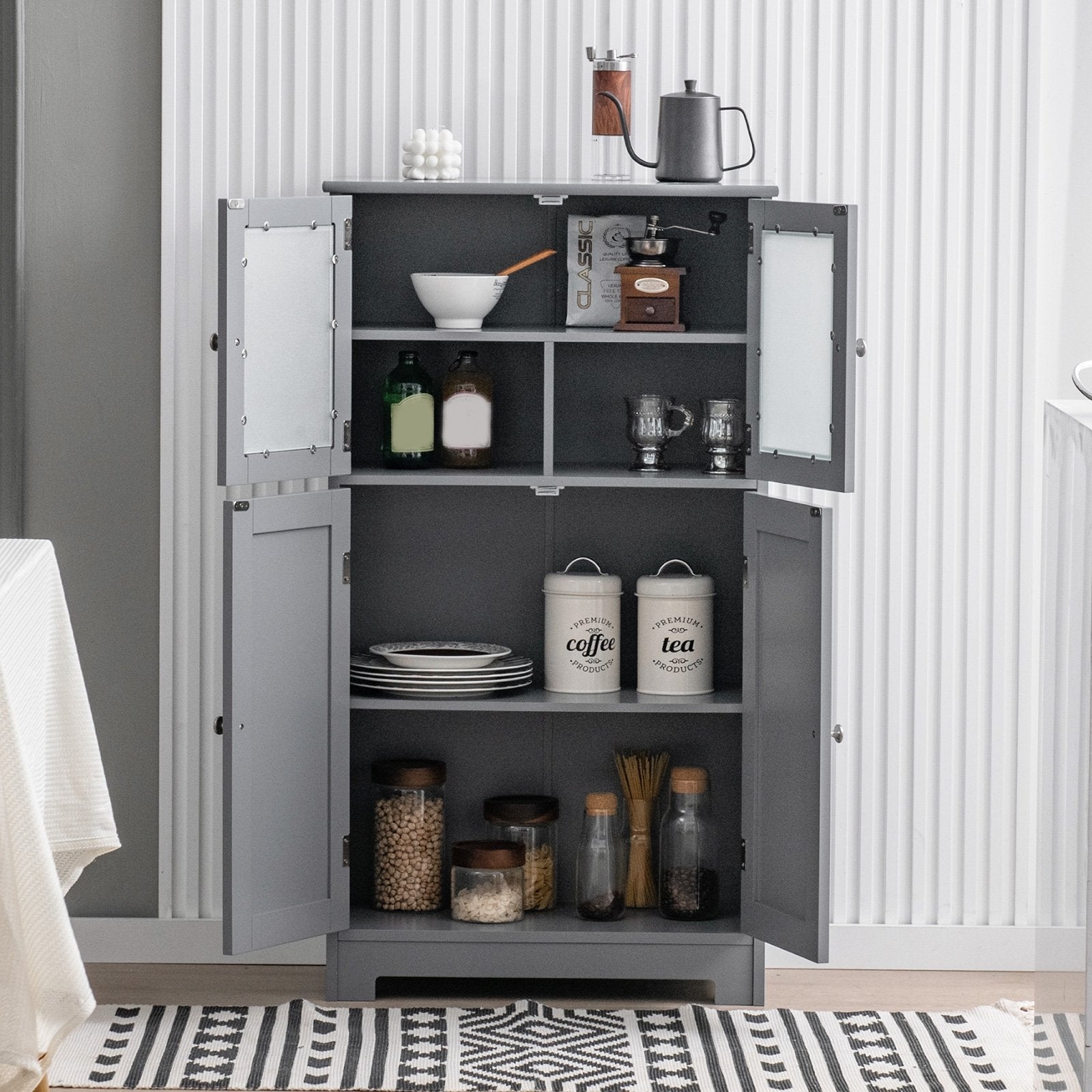 Bathroom Floor Storage Locker Kitchen Cabinet with Doors and Adjustable Shelf, Gray Floor Cabinets   at Gallery Canada