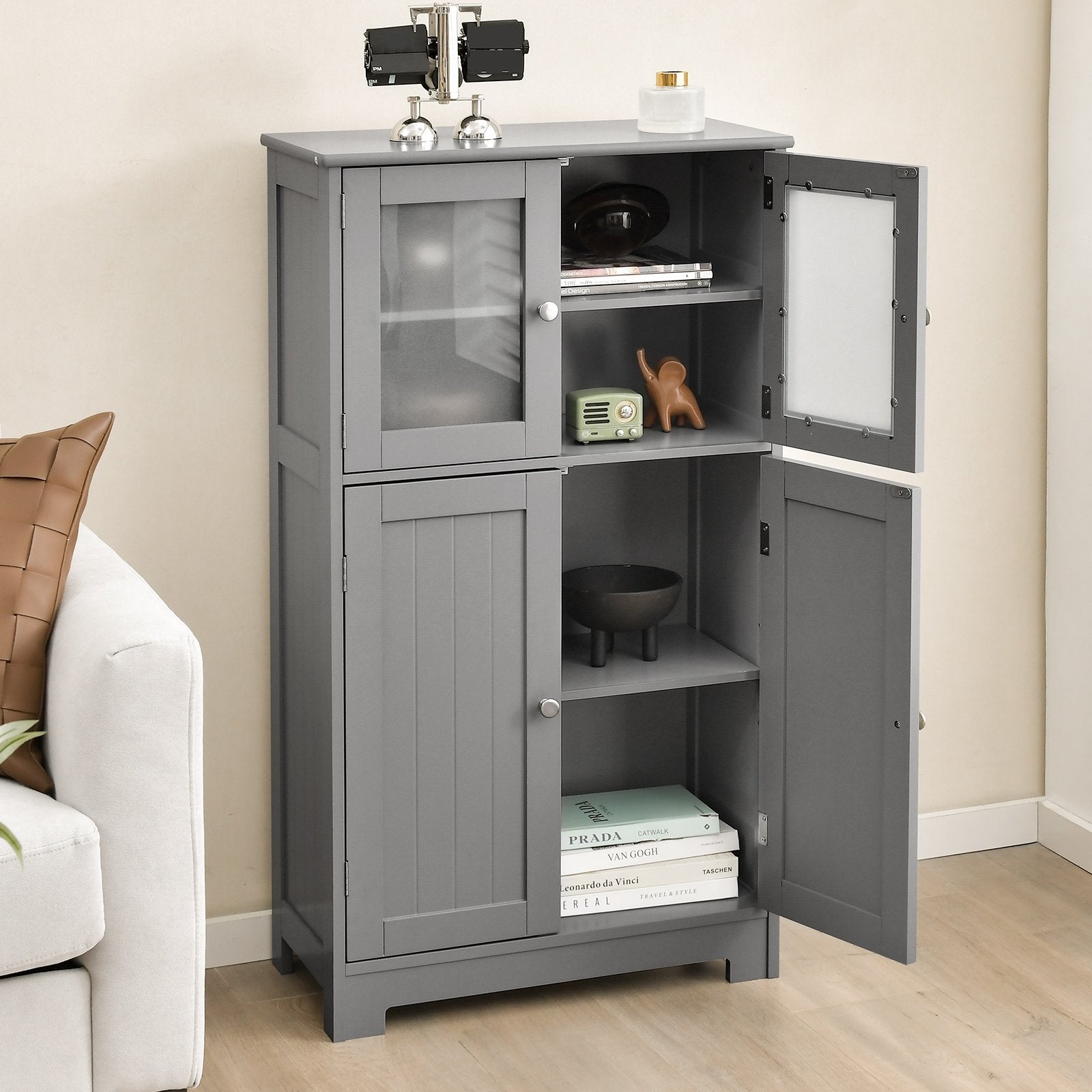 Bathroom Floor Storage Locker Kitchen Cabinet with Doors and Adjustable Shelf, Gray Floor Cabinets   at Gallery Canada