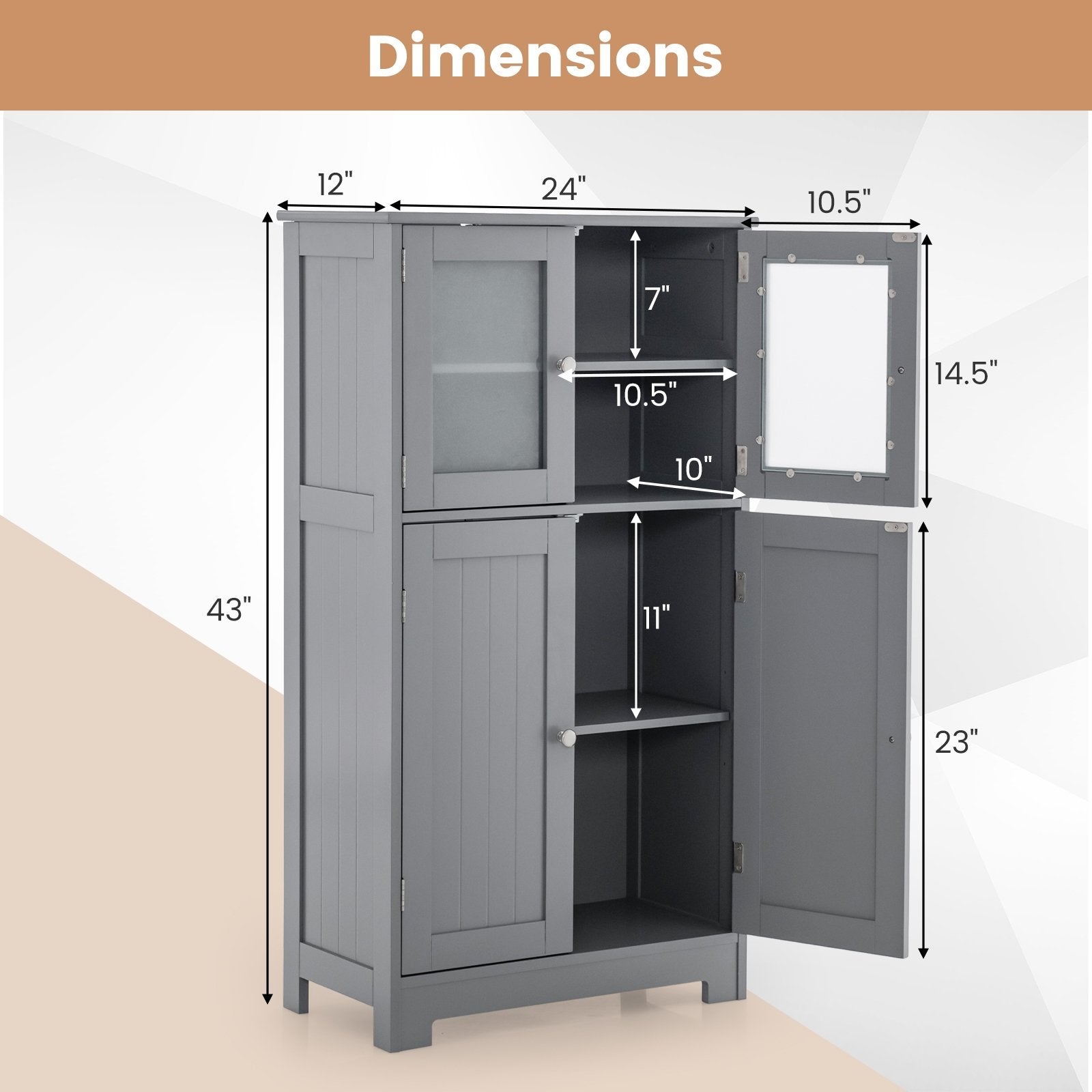 Bathroom Floor Storage Locker Kitchen Cabinet with Doors and Adjustable Shelf, Gray Floor Cabinets   at Gallery Canada