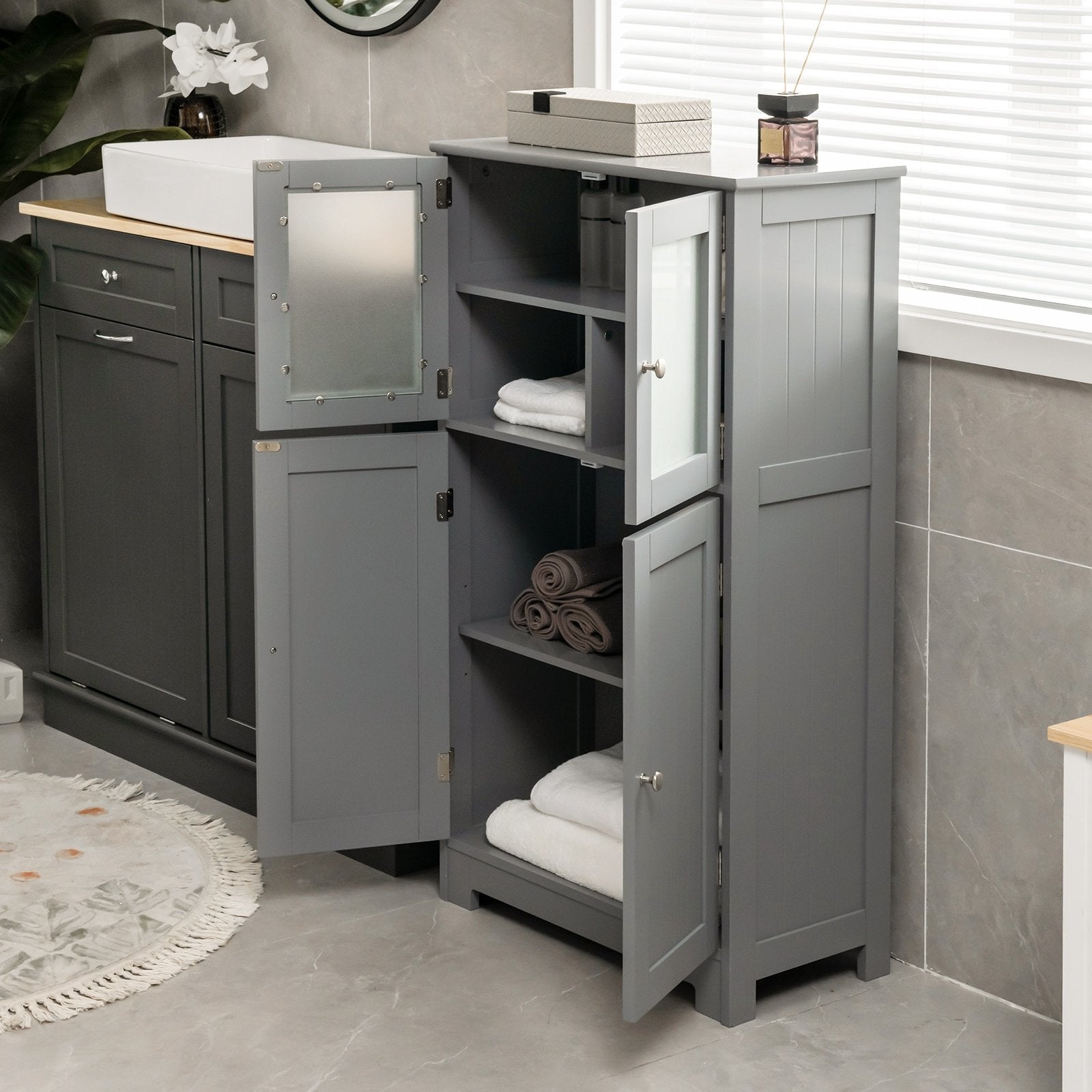 Bathroom Floor Storage Locker Kitchen Cabinet with Doors and Adjustable Shelf, Gray Floor Cabinets   at Gallery Canada